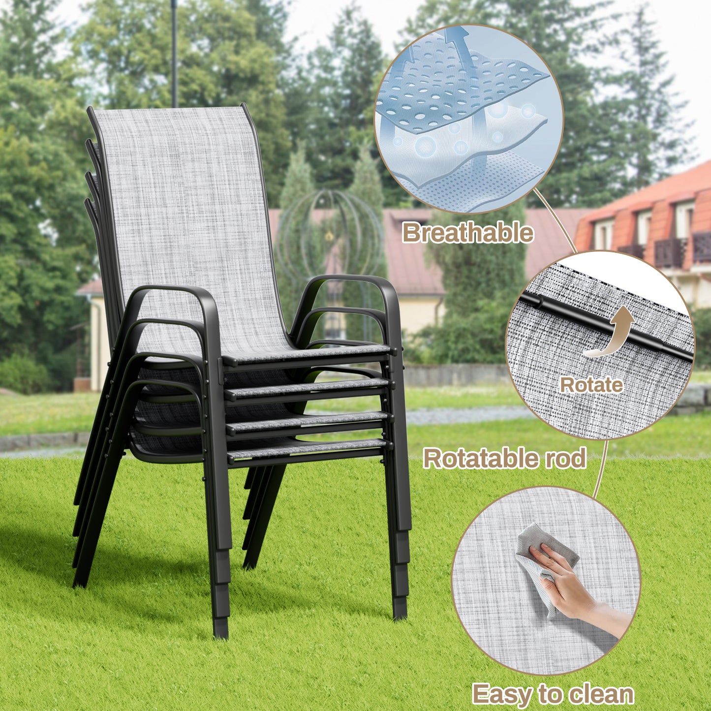 Pirecart Patio Dining Set of 5, Outdoor Furniture Set with 4 Stackable Textilene Armchairs & Square Table