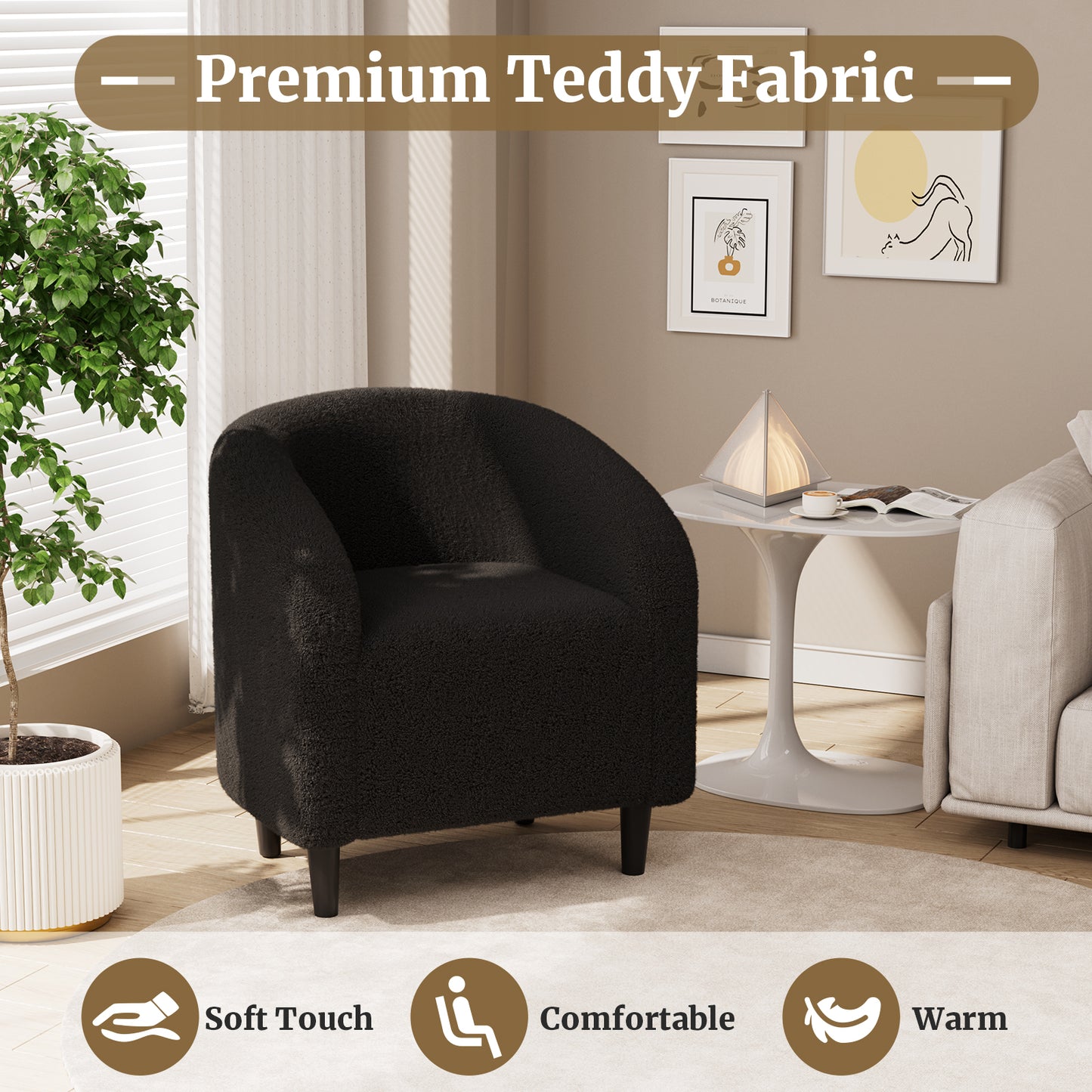 Pirecart Teddy Fabric Accent Barrel Chair, Small Space Compact Armchair, Soft Bedroom Accent Chair with a Side Pocket for Living Room/Bedroom/Reception Room