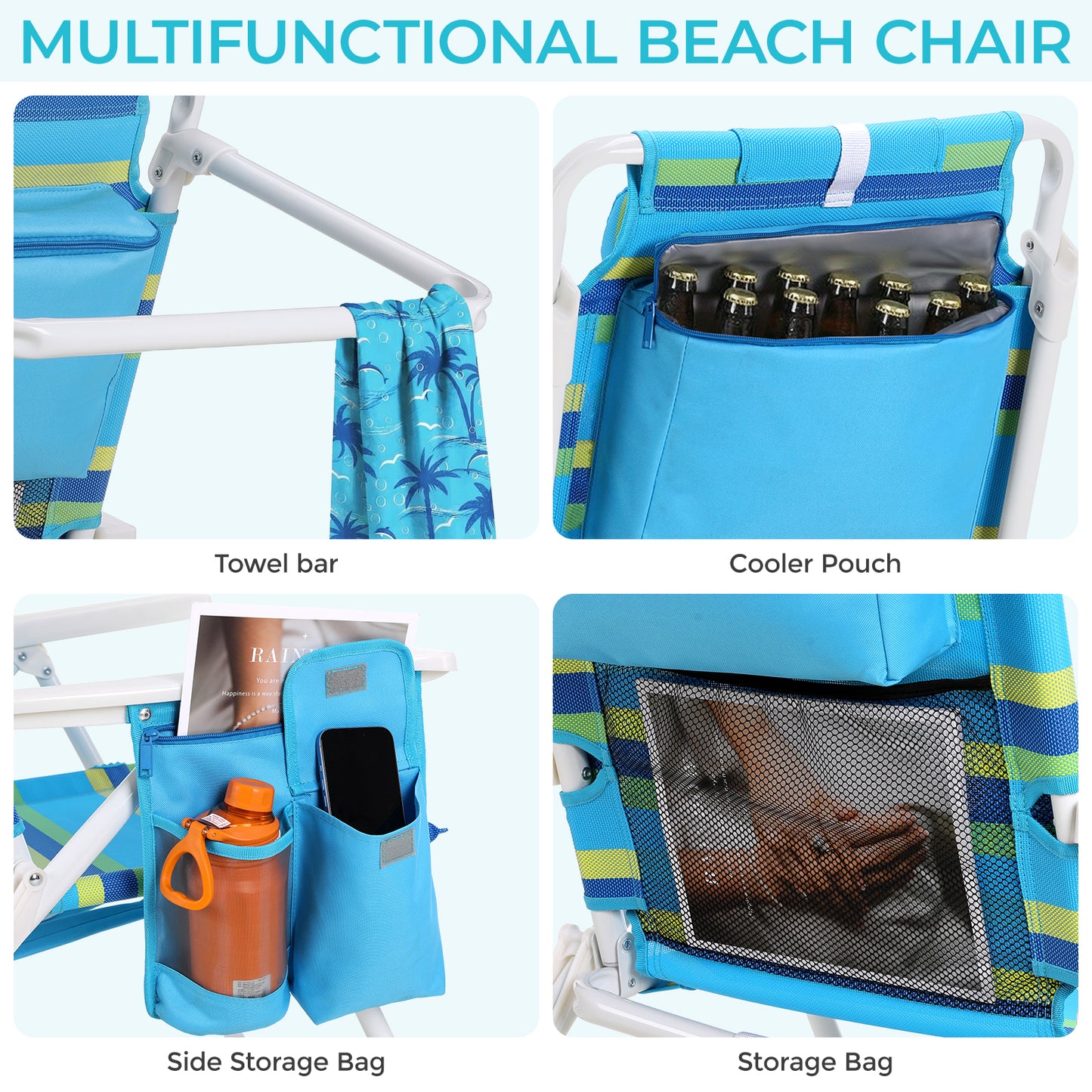 Pirecart Tall Beach Chairs for Adults, Portable Beach Chairs W/ 5-Position Lay Flat & Cooler Pouch, for Beach, Camp, Outdoor