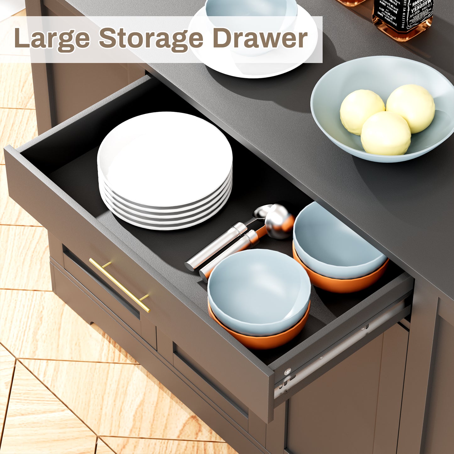 Pirecart 53" Kitchen Island with Trash Can Storage, Kitchen Island Storage with Drawer, Open Shelves