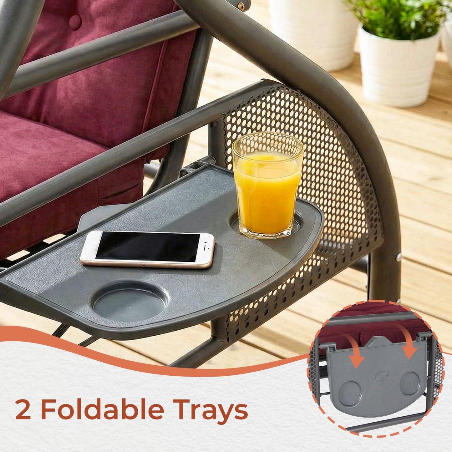 Pirecart Patio Porch Swing, 3 Seat Porch Swing with Stand and Adjustable Canopy, Outdoor Swing with Cup Holder & 180° Reclining Chair Back for Yard Garden Deck
