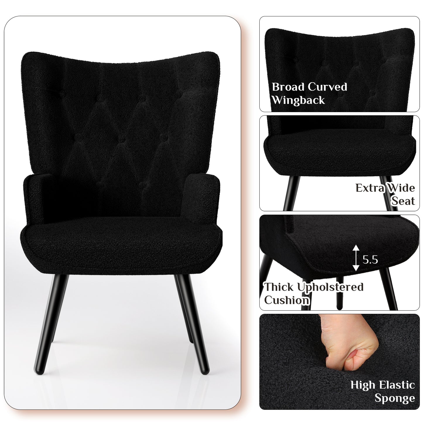 Pirecart Teddy Fabric Accent Chair, Comfy Upholstered Armchair Mid Century Modern, Wingback Chair with Metal Legs, High Backrest Living Room Chair for Vanity, Bedroom, Black