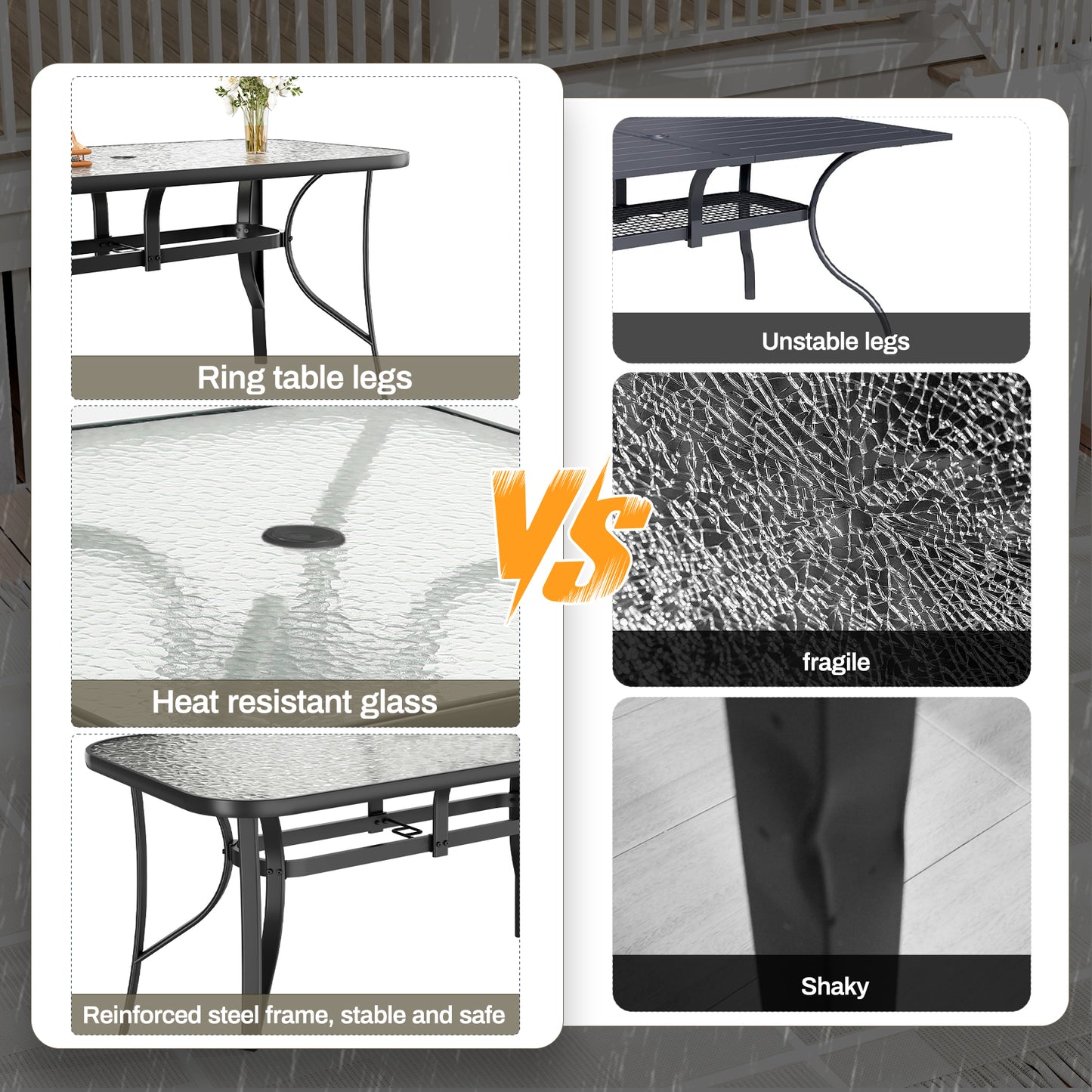 Piecart Outdoor Dining Table with Umbrella Hole, Rectangular Glass Patio Table, Patio Table for Outside, Garden, Balcony