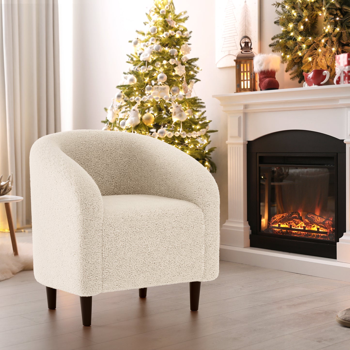 Pirecart Teddy Fabric Accent Barrel Chair, Small Space Compact Armchair, Soft Bedroom Accent Chair with a Side Pocket for Living Room/Bedroom/Reception Room