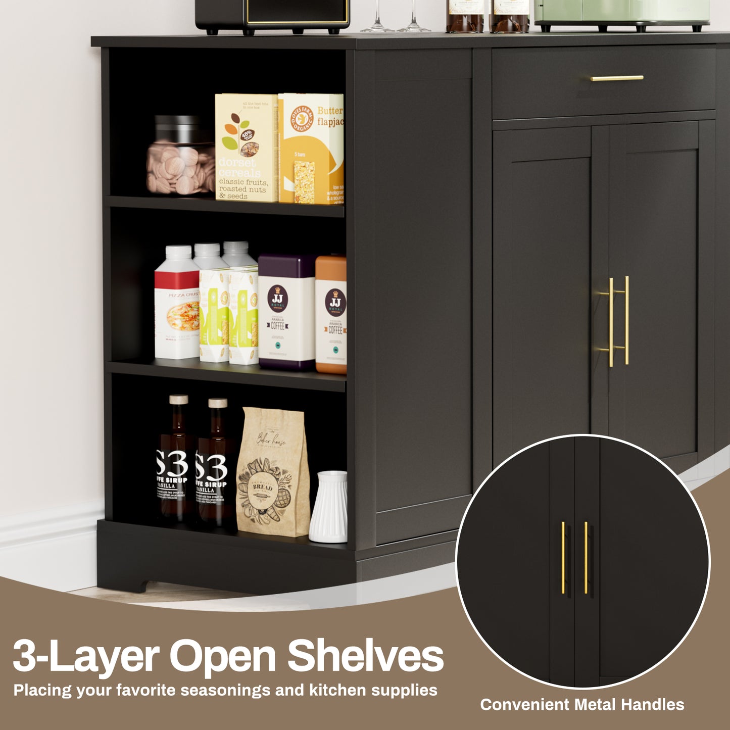 Pirecart 53" Kitchen Island with Trash Can Storage, Kitchen Island Storage with Drawer, Open Shelves