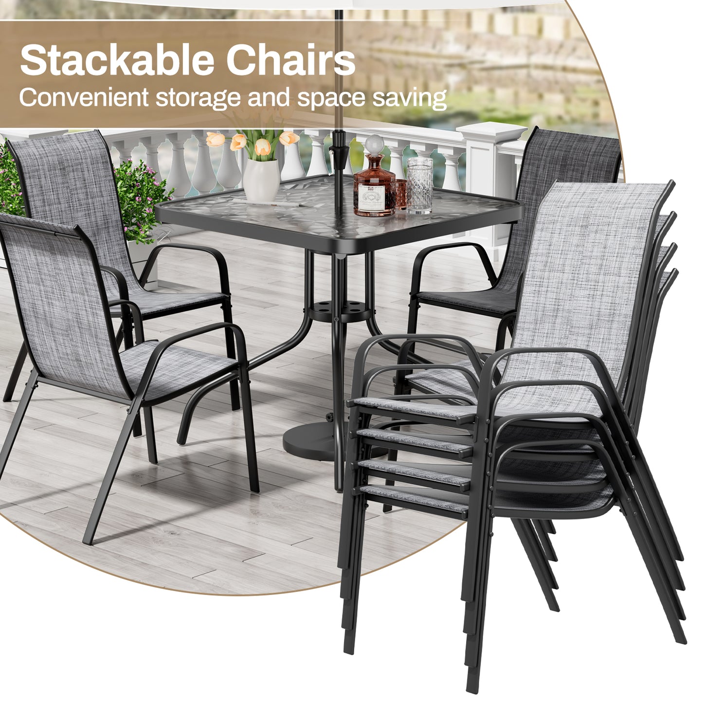 Pirecart Patio Dining Set of 5, Outdoor Furniture Set with 4 Stackable Textilene Armchairs & Square Table
