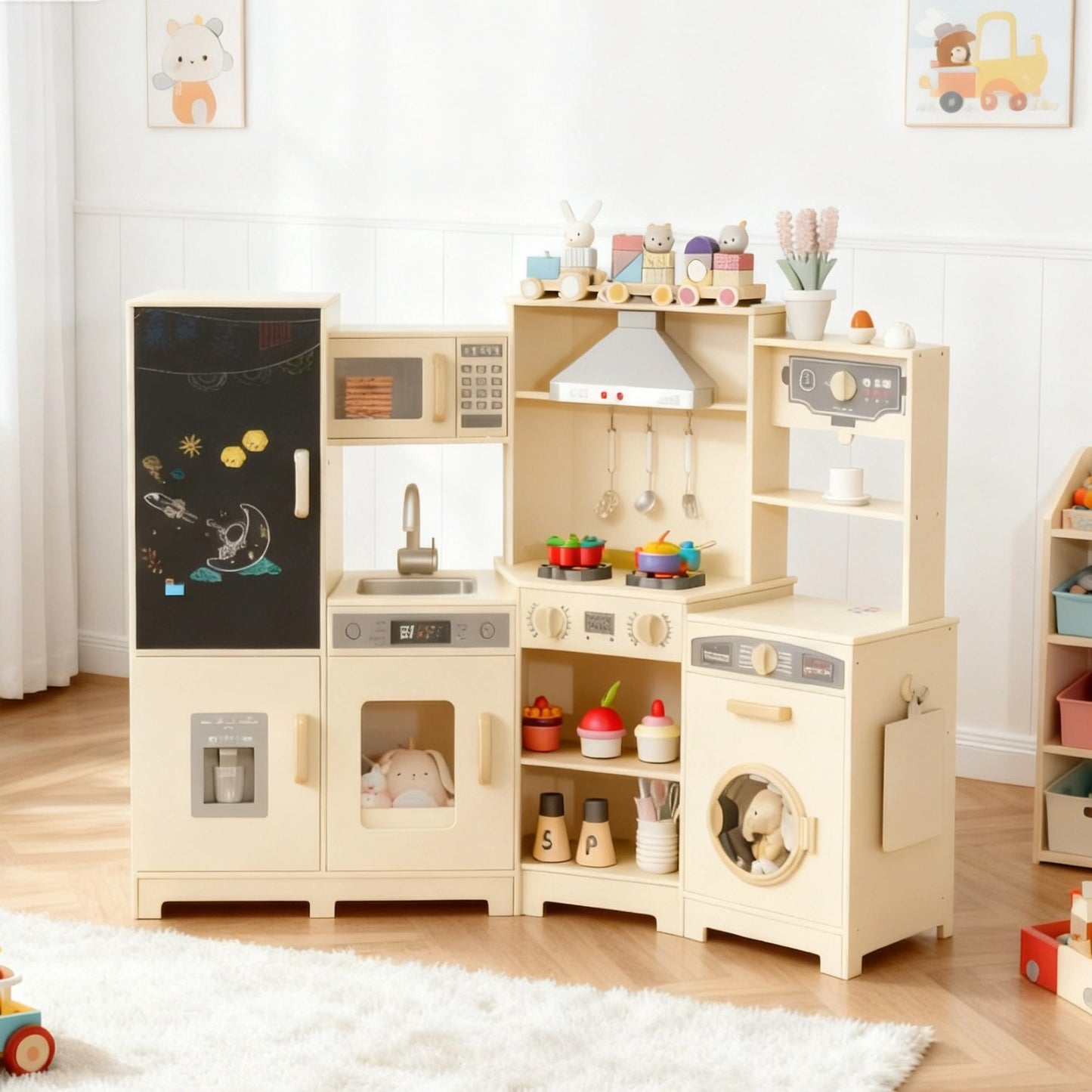 Pirecart Wooden Corner Play Kitchen, Kids Play Kitchen with Blackboard and 6Pcs Cooking Accessories, Toddler Play Kitchen Set with Realistic Sound & Light