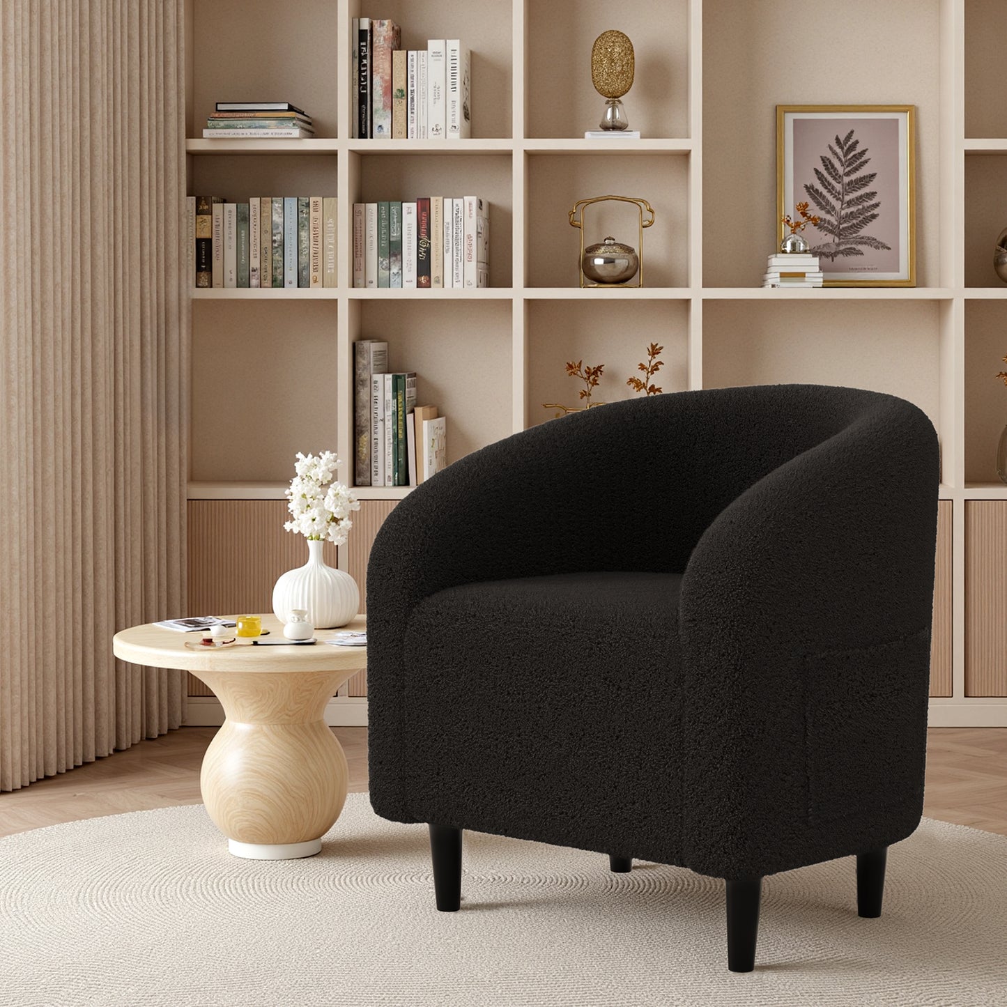 Pirecart Teddy Fabric Accent Barrel Chair, Small Space Compact Armchair, Soft Bedroom Accent Chair with a Side Pocket for Living Room/Bedroom/Reception Room