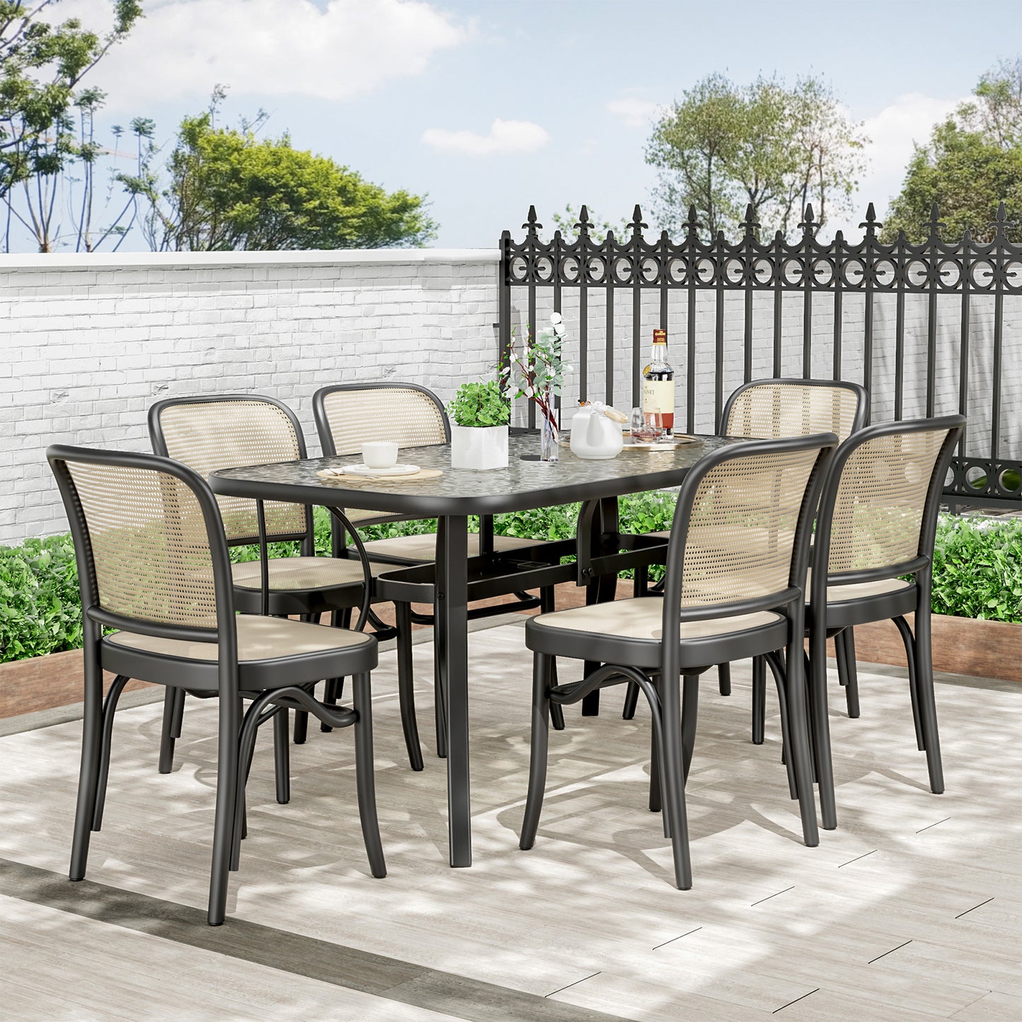 Piecart Outdoor Dining Table with Umbrella Hole, Rectangular Glass Patio Table, Patio Table for Outside, Garden, Balcony