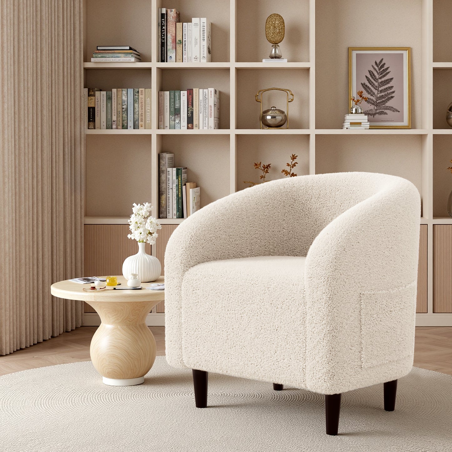 Pirecart Teddy Fabric Accent Barrel Chair, Small Space Compact Armchair, Soft Bedroom Accent Chair with a Side Pocket for Living Room/Bedroom/Reception Room