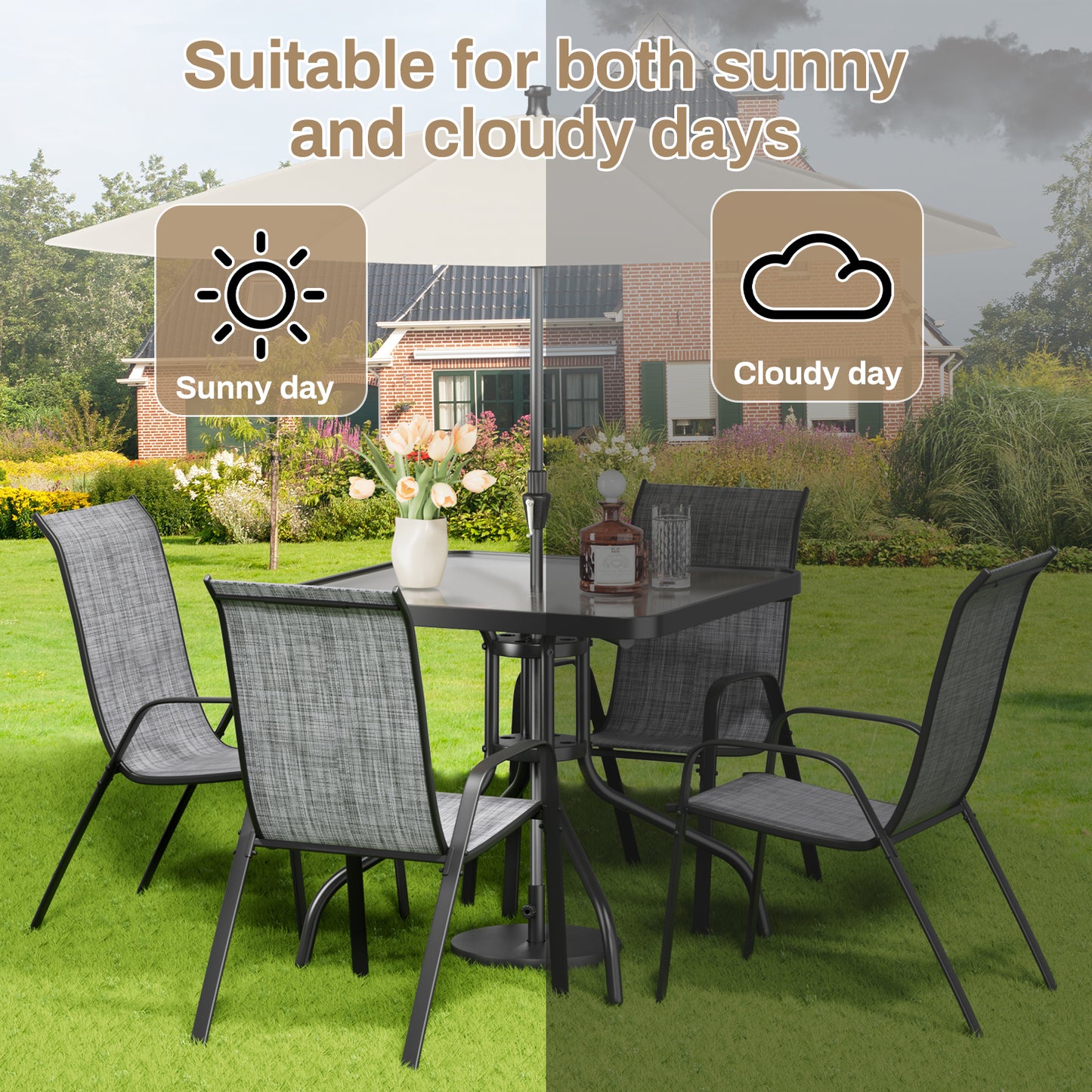 Pirecart Patio Dining Set of 5, Outdoor Furniture Set with 4 Stackable Textilene Armchairs & Square Table