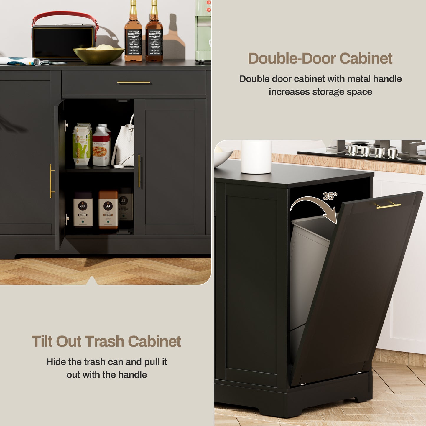 Pirecart 53" Kitchen Island with Trash Can Storage, Kitchen Island Storage with Drawer, Open Shelves