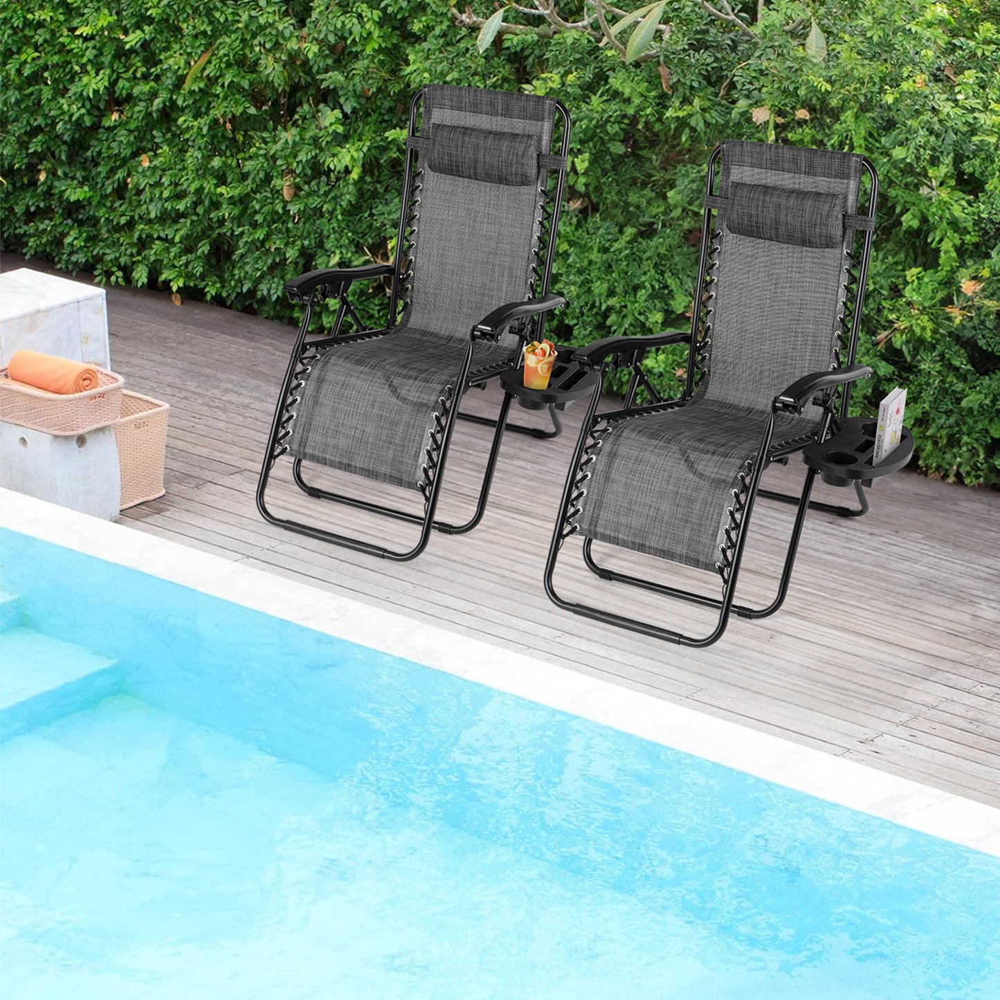 Pirecart Adjustable Zero-Gravity Chairs Textilene Outdoor Lounger Pillow and Cup Holder