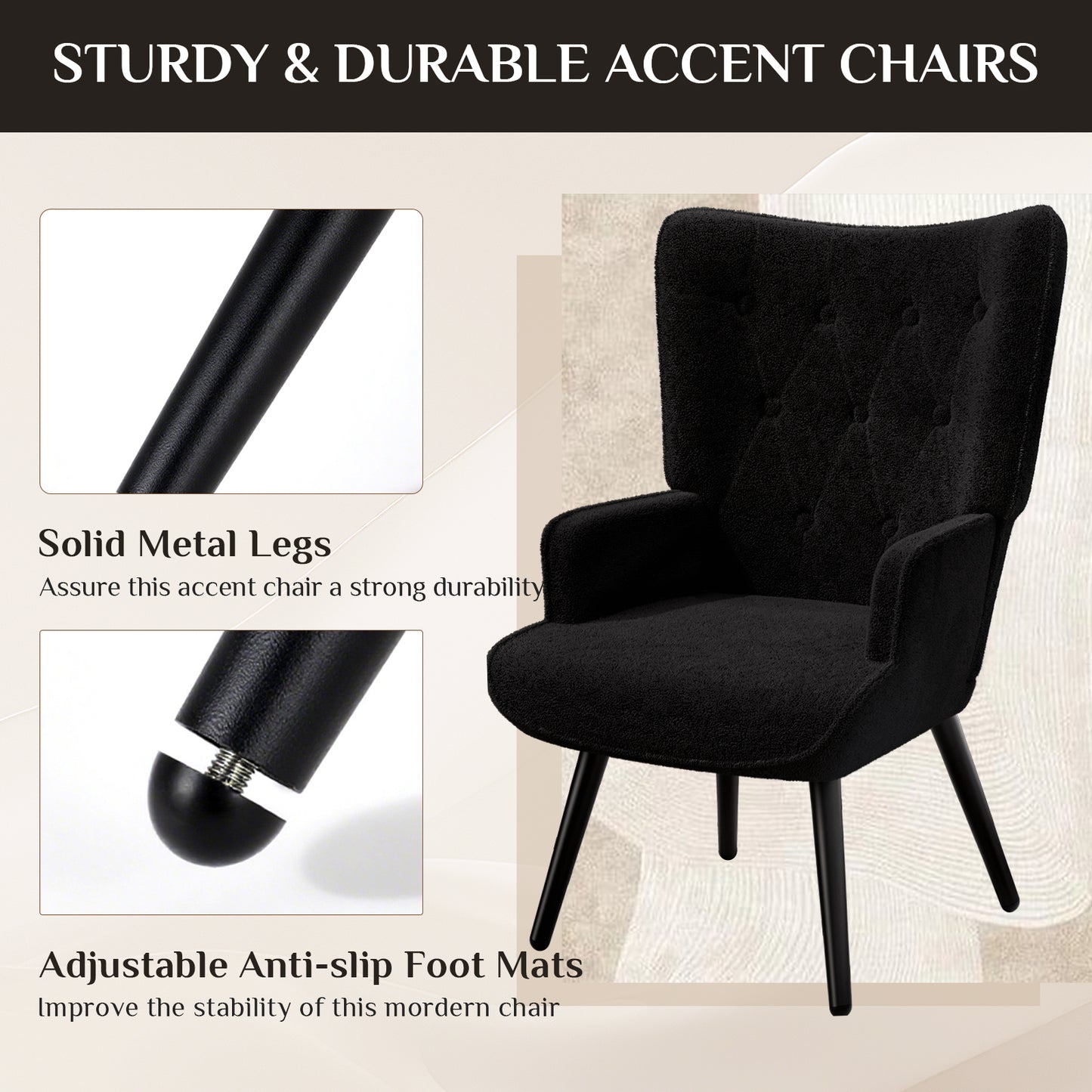 Pirecart Teddy Fabric Accent Chair, Comfy Upholstered Armchair Mid Century Modern, Wingback Chair with Metal Legs, High Backrest Living Room Chair for Vanity, Bedroom, Black
