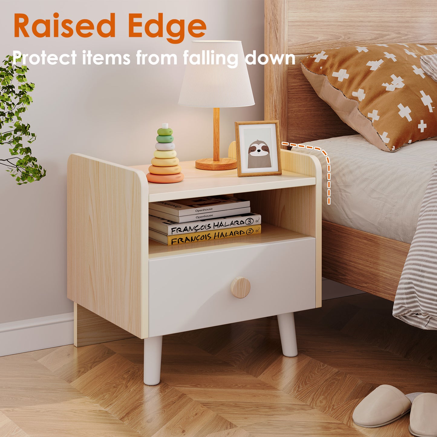 Pirecart Night Stand Kids Wooden Nightstand with Drawer, 2-Tier End Table Side Table for Bedroom, Living Room