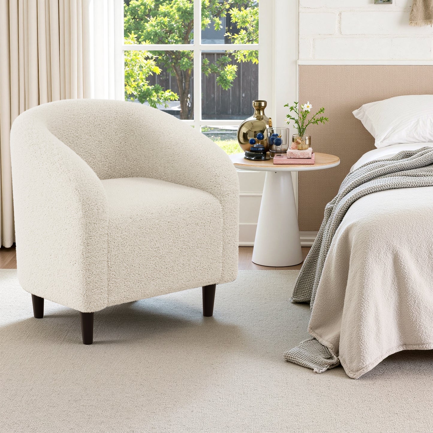 Pirecart Teddy Fabric Accent Barrel Chair, Small Space Compact Armchair, Soft Bedroom Accent Chair with a Side Pocket for Living Room/Bedroom/Reception Room