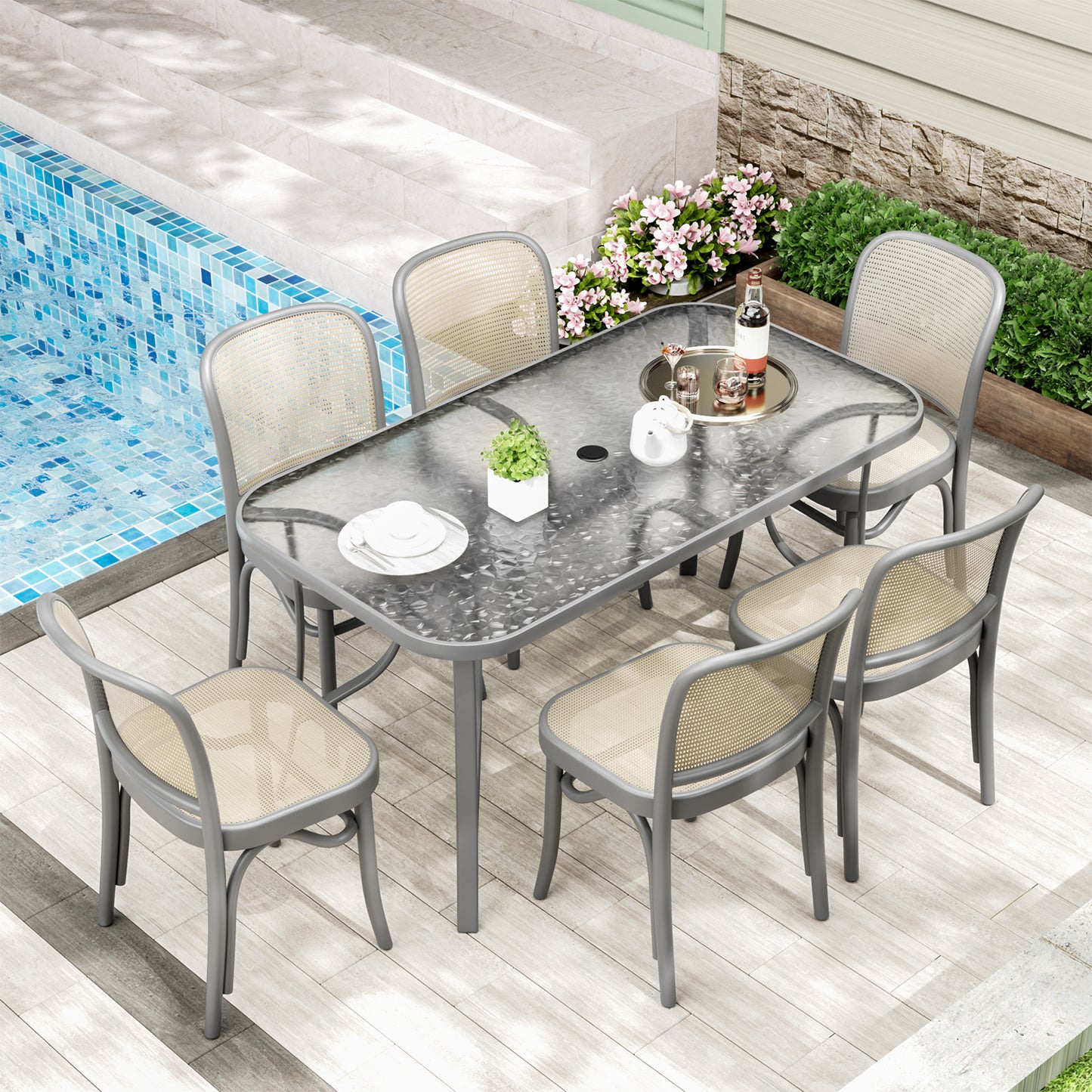 Piecart Outdoor Dining Table with Umbrella Hole, Rectangular Glass Patio Table, Patio Table for Outside, Garden, Balcony