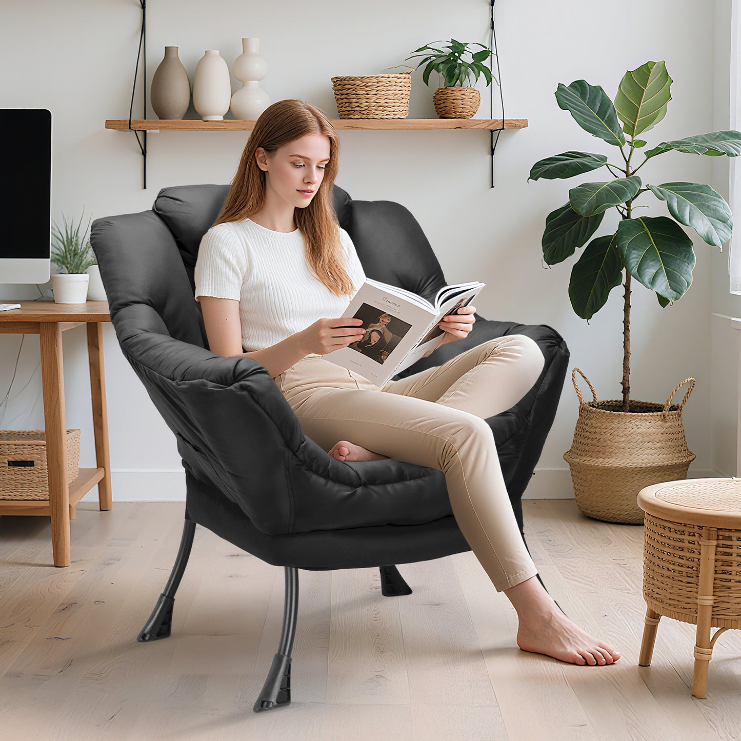 Pirecart Lazy Chair Large Accent Chair, Modern Reading Chair with Side Pocket, Comfy Living Room Chair, Lounge chair for Bedroom, Dorm