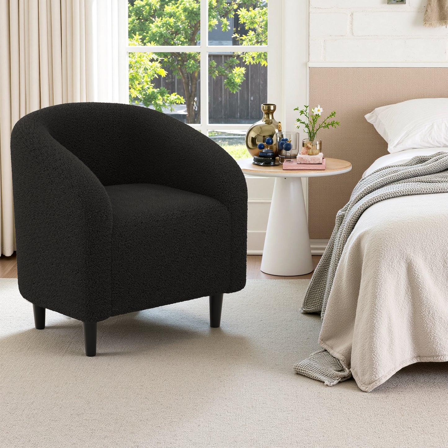 Pirecart Teddy Fabric Accent Barrel Chair, Small Space Compact Armchair, Soft Bedroom Accent Chair with a Side Pocket for Living Room/Bedroom/Reception Room