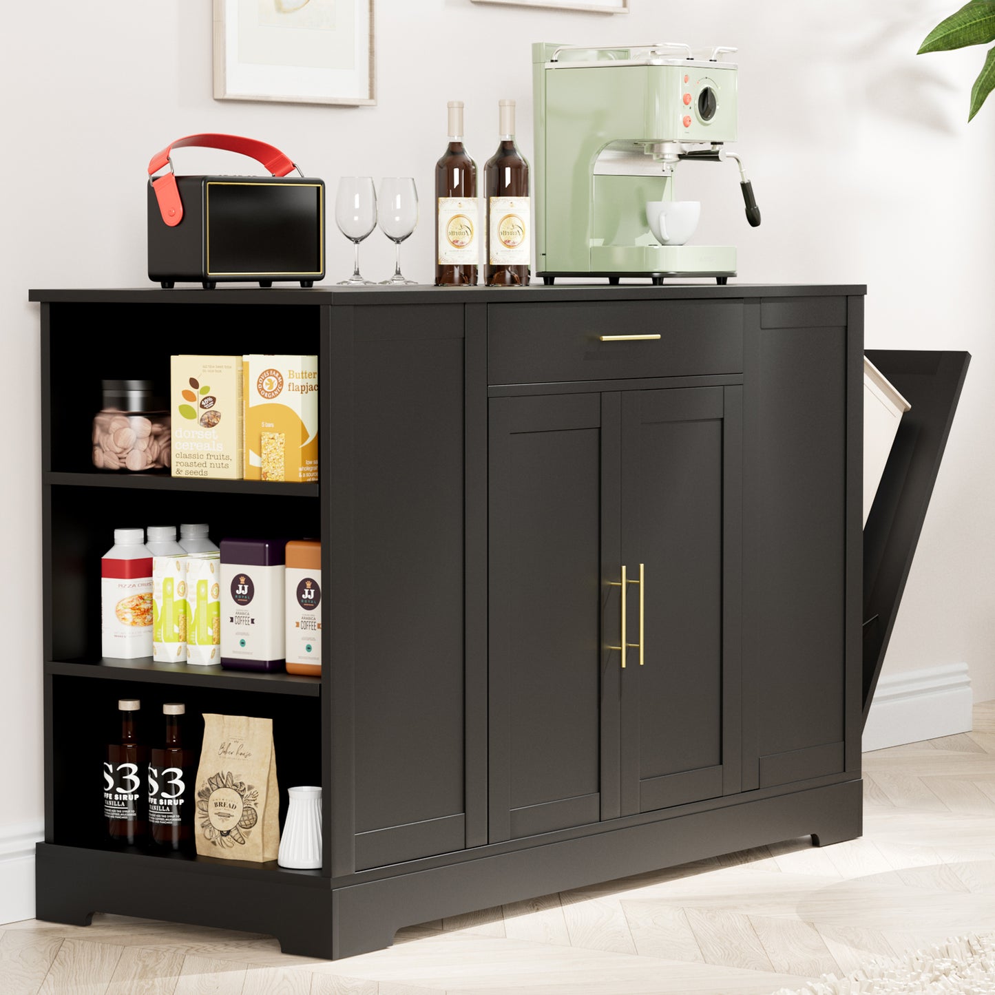 Pirecart 53" Kitchen Island with Trash Can Storage, Kitchen Island Storage with Drawer, Open Shelves