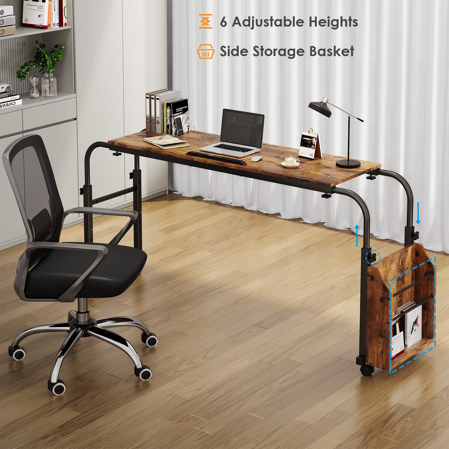 pirecart Overbed Table with Wheels, Moblie Bed Desk, Rolling Computer Desk Laptop Cart