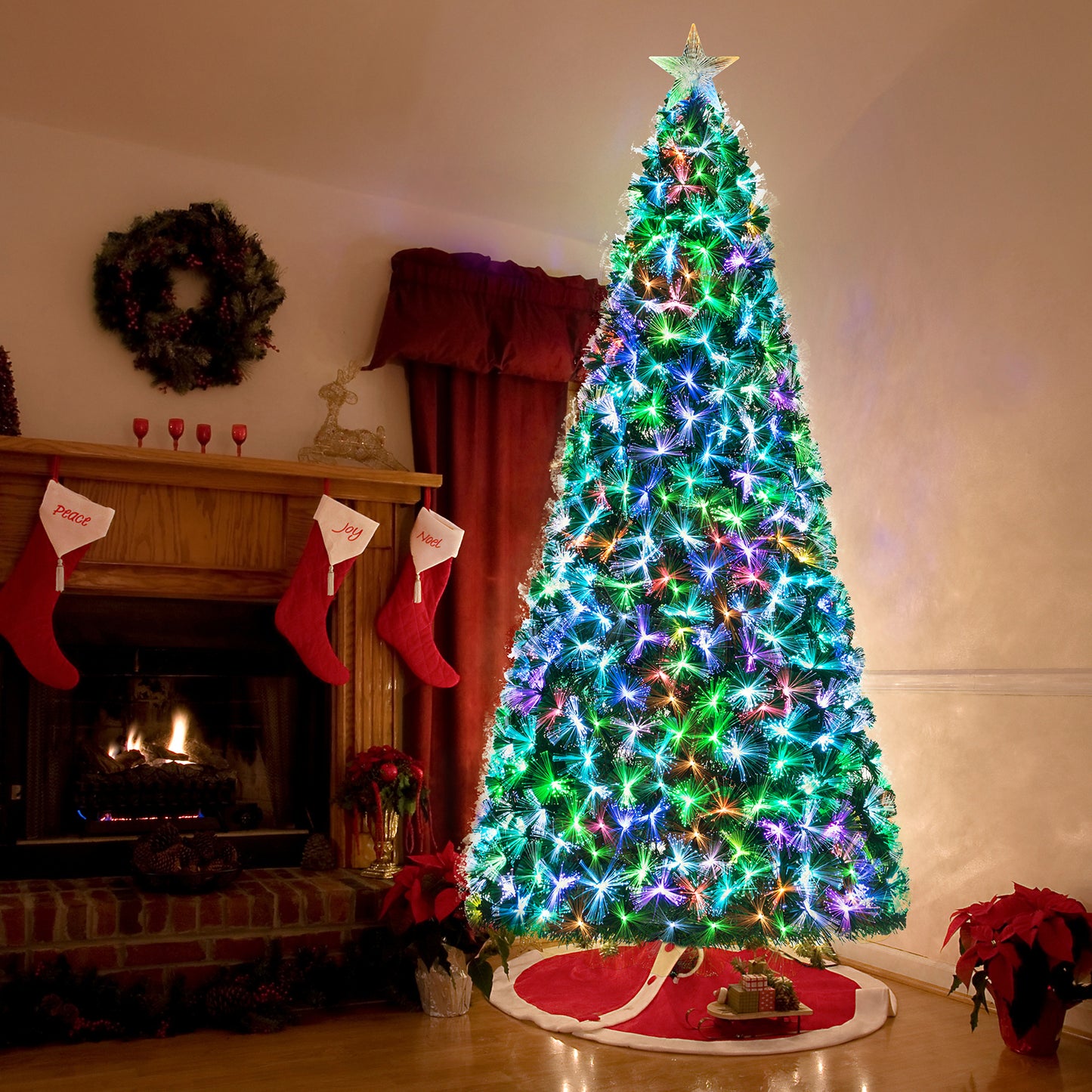 pirecart 6/8/9/10 ft Pre-Lit Fiber Optic Artificial Pine Christmas Tree Artificial Xmas Tree for Indoor Holiday Home Decoration