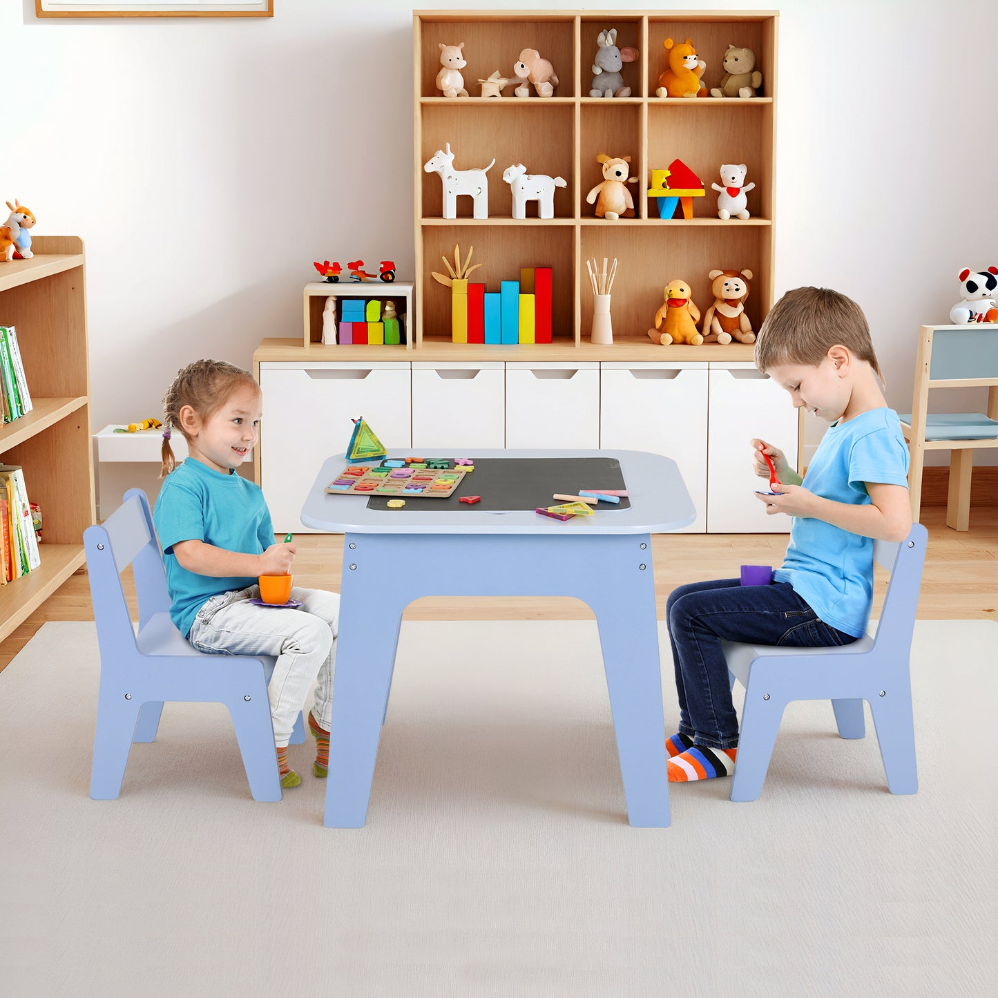 Pirecart 4 in 1 Kids Table and 2 Chairs, 3 Pieces Wooden Activity Table Set with Storage Drawers and 2 Removable Tabletops