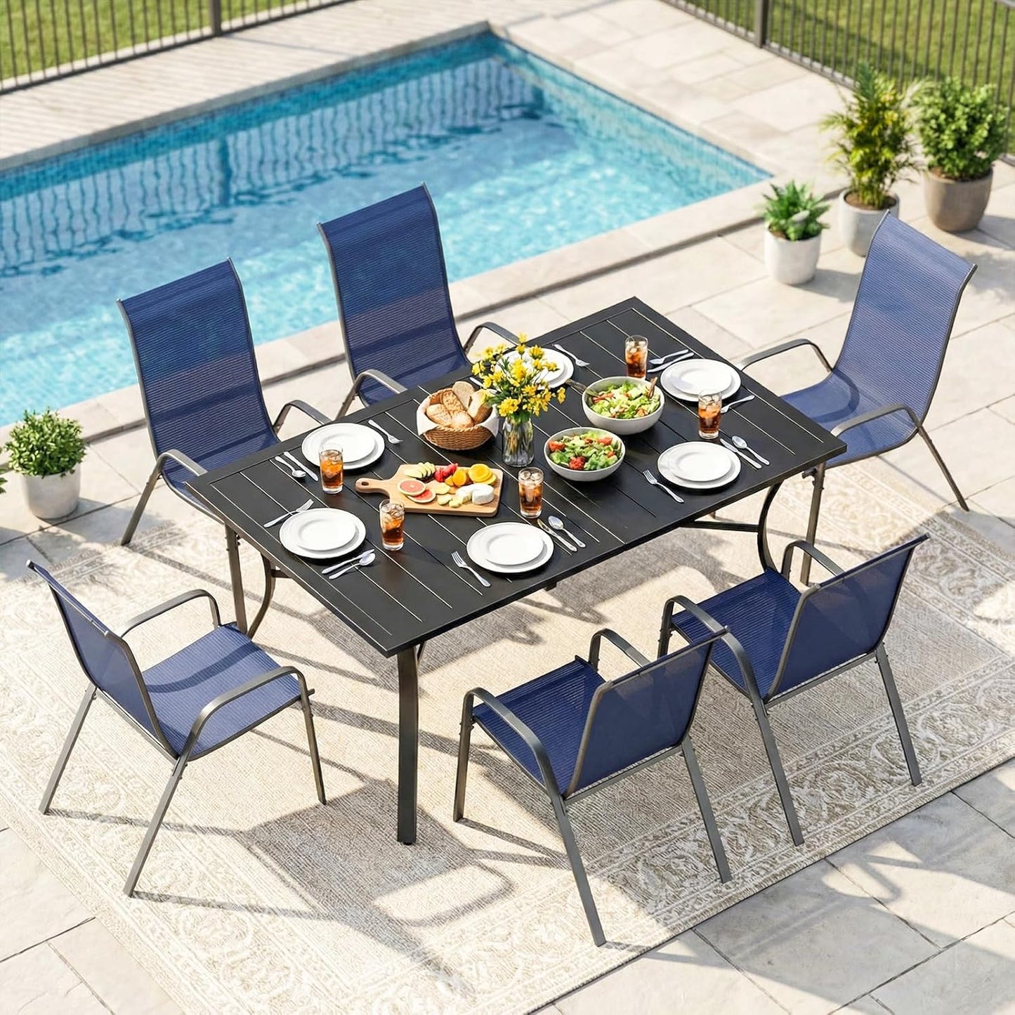 Pirecart 7Pcs Patio Dining Set, 63''x38'' Rectangular Metal Table with 6 Textilene Chairs, Outdoor Table and Chairs W/1.6" Adjustable Umbrella Hole & Foot Pads