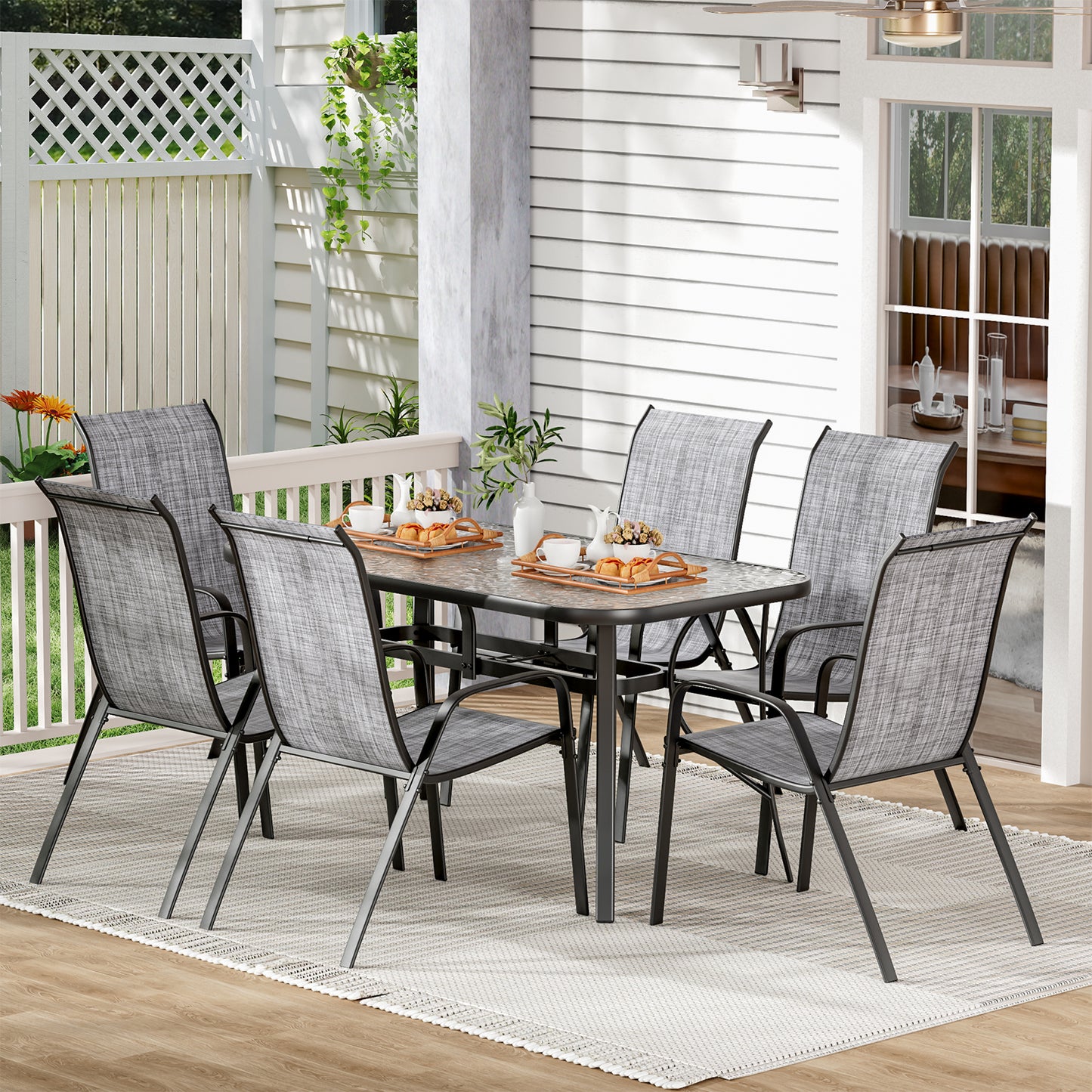 Pirecart Outdoor Table and Chair Set of 7, Textilene Patio Furniture Set Suitable for All Weather with Umbrella Hole, for Backyard Poolside