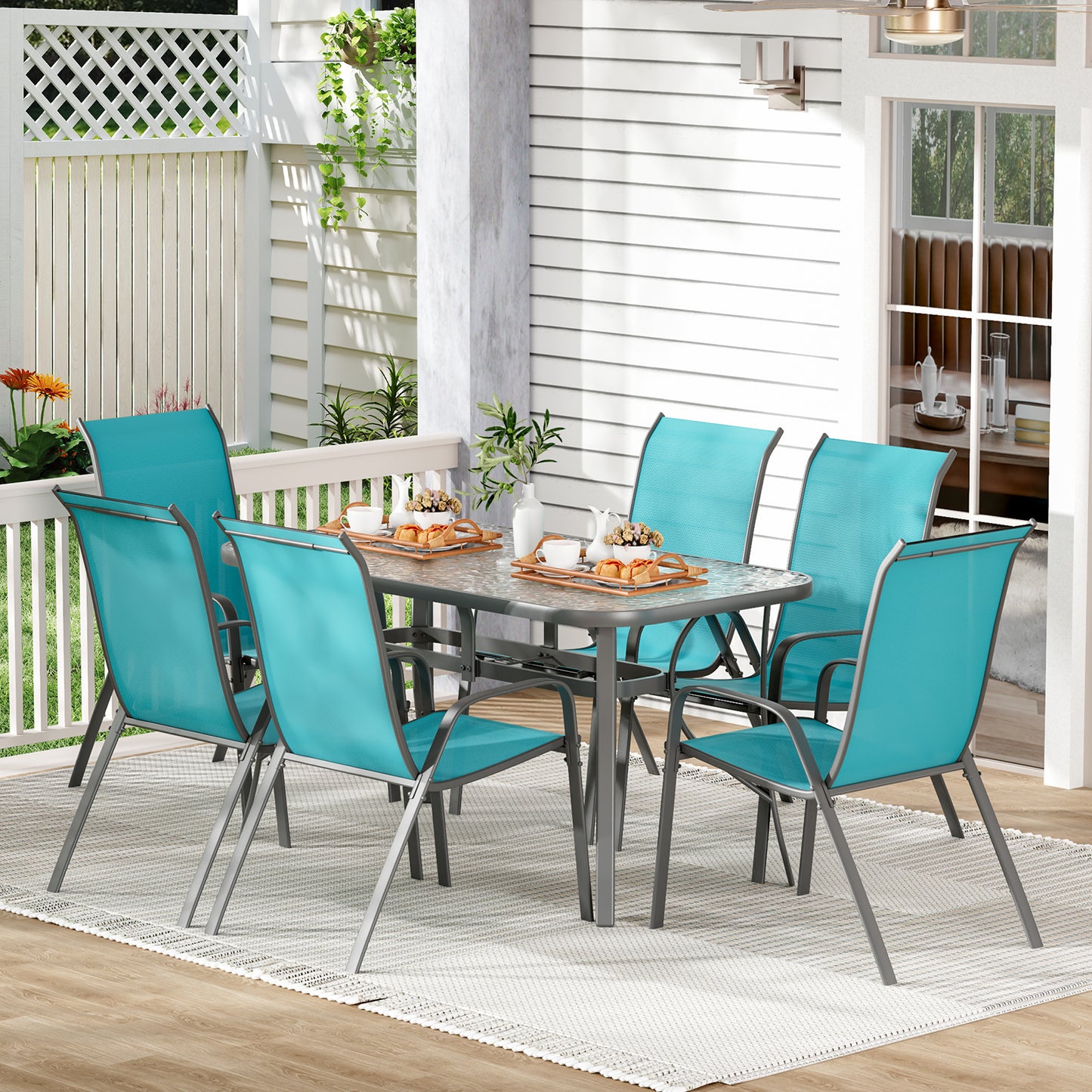 Pirecart Outdoor Table and Chair Set of 7, Textilene Patio Furniture Set Suitable for All Weather with Umbrella Hole, for Backyard Poolside