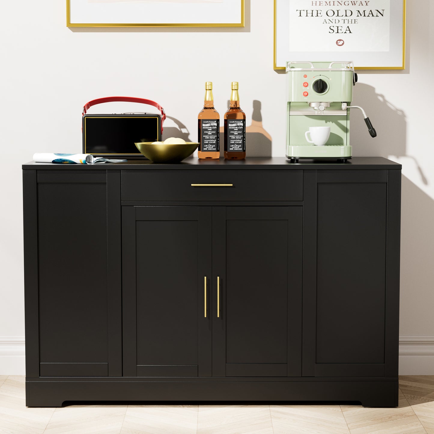Pirecart 53" Kitchen Island with Trash Can Storage, Kitchen Island Storage with Drawer, Open Shelves