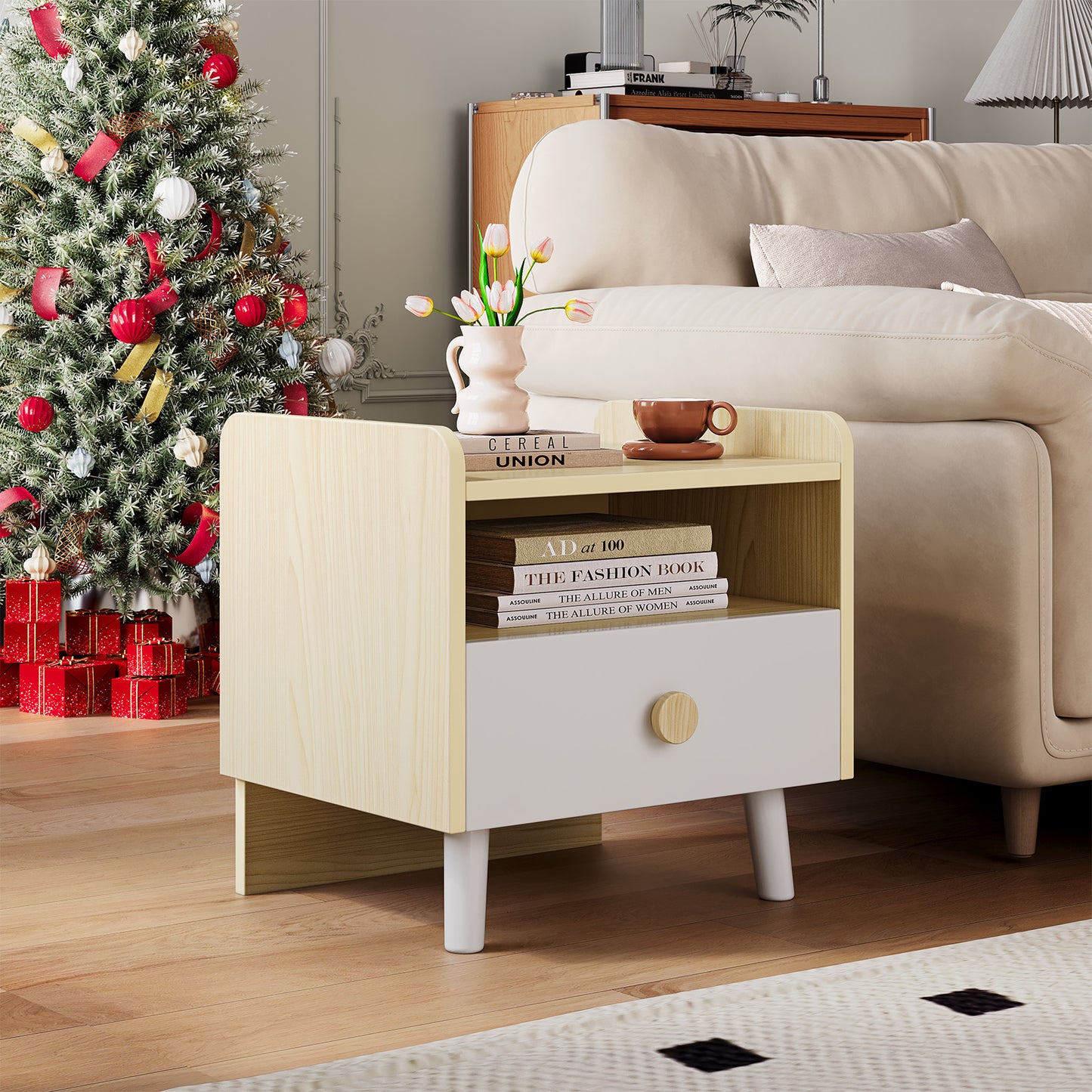 Pirecart Night Stand Kids Wooden Nightstand with Drawer, 2-Tier End Table Side Table for Bedroom, Living Room