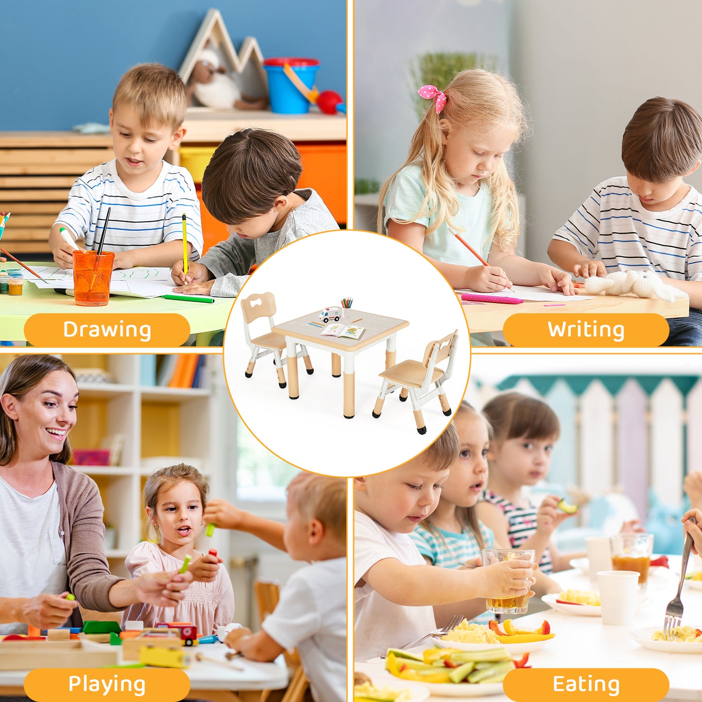 Pirecart Kids Table and 2 Chairs Set Activity Table Height Adjustable Toddler Art Desk for Reading Drawing Eating, Suitable for Ages 3-9