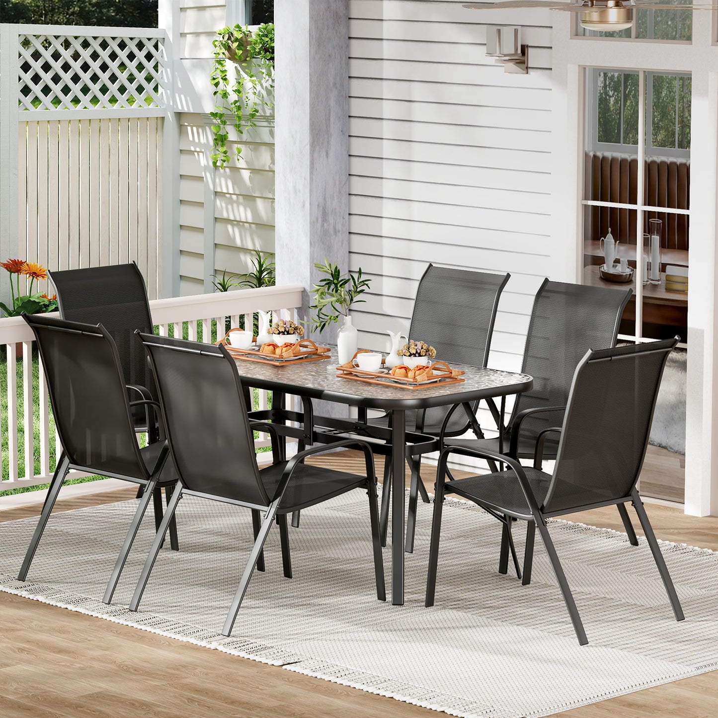 Pirecart Outdoor Table and Chair Set of 7, Textilene Patio Furniture Set Suitable for All Weather with Umbrella Hole, for Backyard Poolside