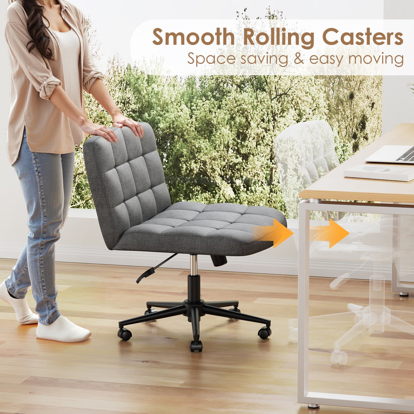 Pirecart Criss Cross Legged Chair, Comfy Swivel Armless Chair with Wheels and Wide Cushion, Height Adjustable Vanity Chair for Bedroom, Office, Desk, Linen