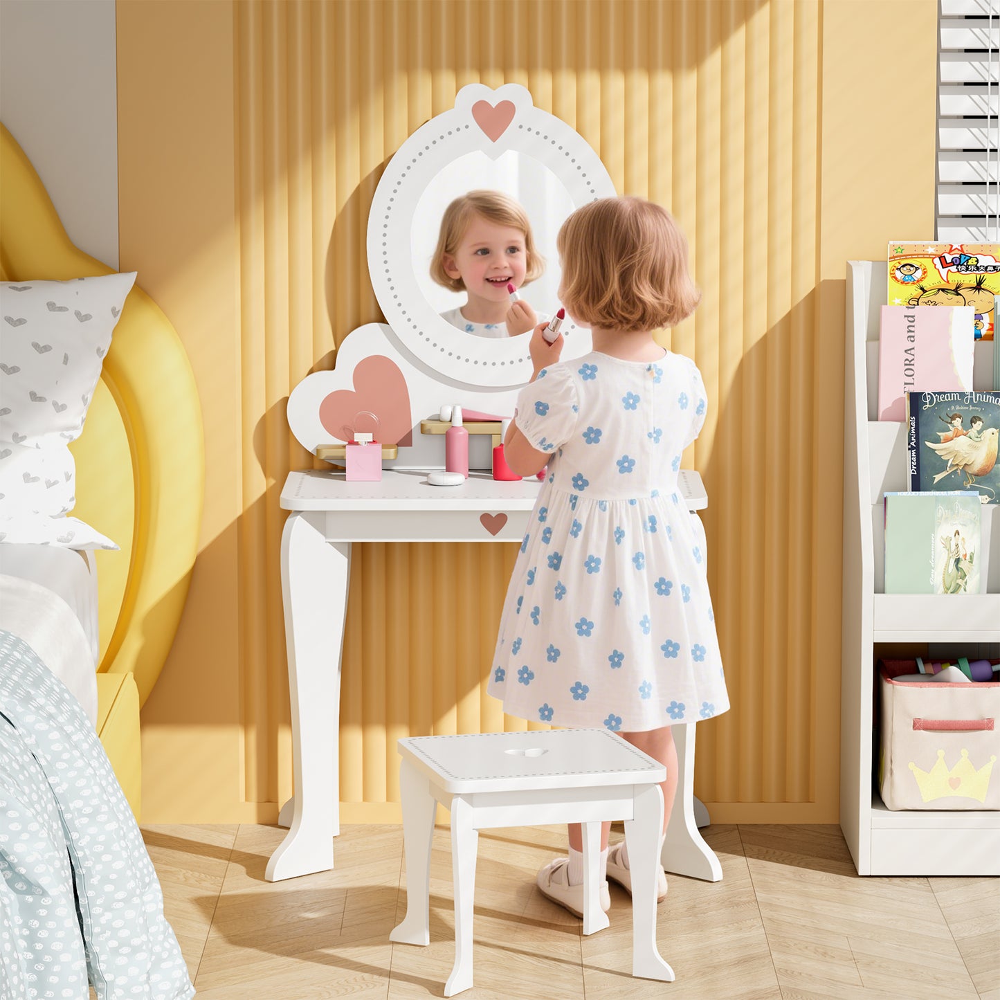 Pirecart Kids Vanity Makeup Table & Chair Set Make Up Stool Play Set for Children, Toddler Makeup Toy with 8 Pcs Accessories for Pretend Play