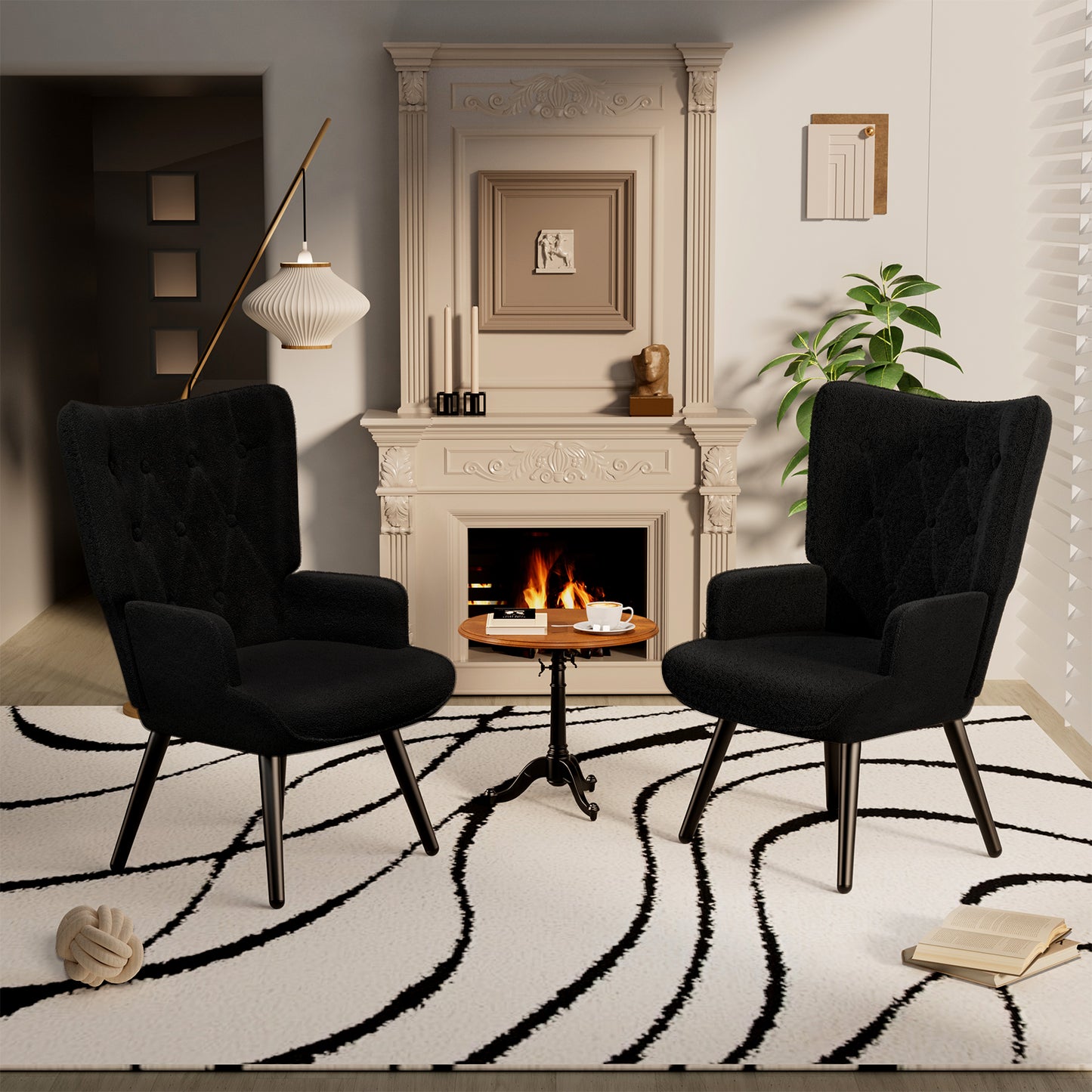 Pirecart Teddy Fabric Accent Chair, Comfy Upholstered Armchair Mid Century Modern, Wingback Chair with Metal Legs, High Backrest Living Room Chair for Vanity, Bedroom, Black