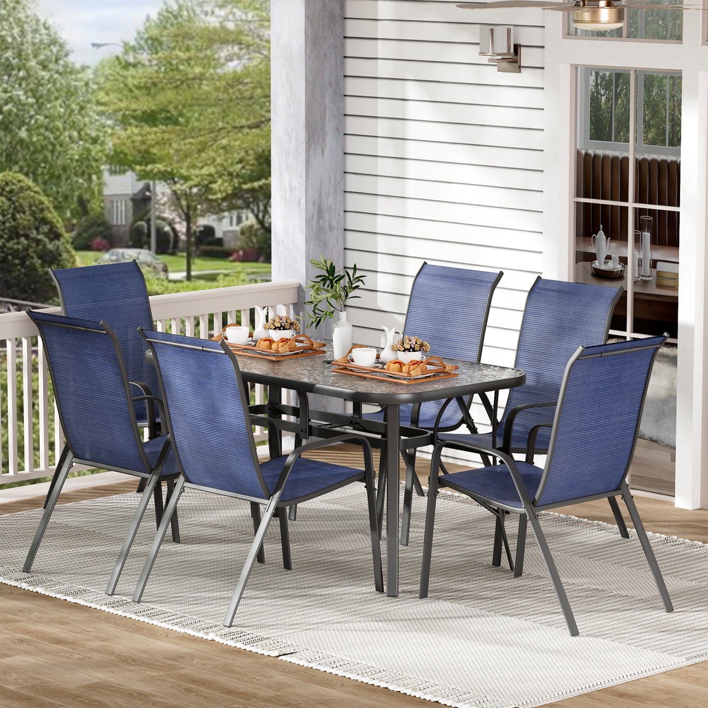Pirecart Outdoor Table and Chair Set of 7, Textilene Patio Furniture Set Suitable for All Weather with Umbrella Hole, for Backyard Poolside