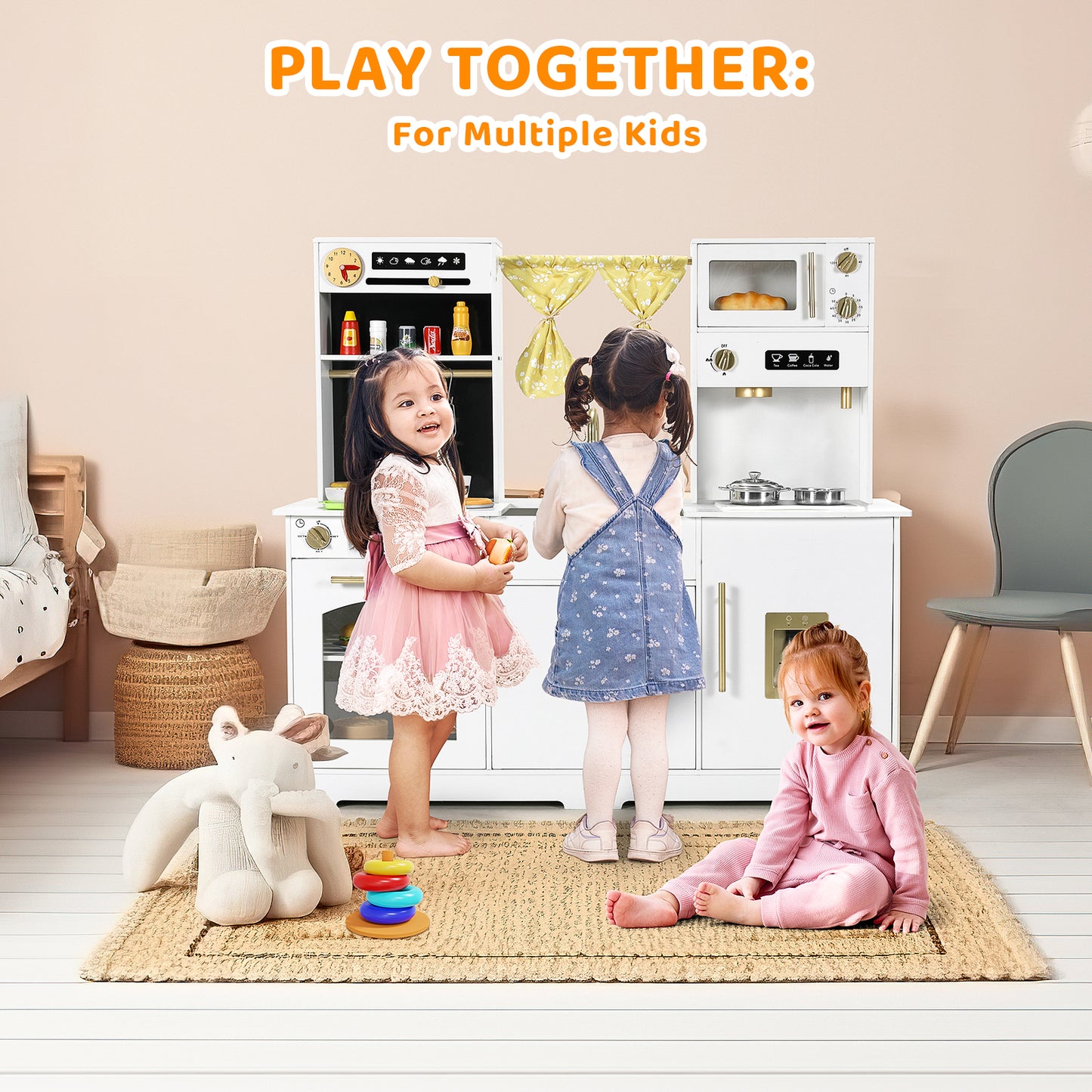 pirecart Kids Play Kitchen, Wooden Pretend Toy Kitchen, Toodler Cooking Playset w/Stove, Sink, Microwave, Water Dispenser, Curtain