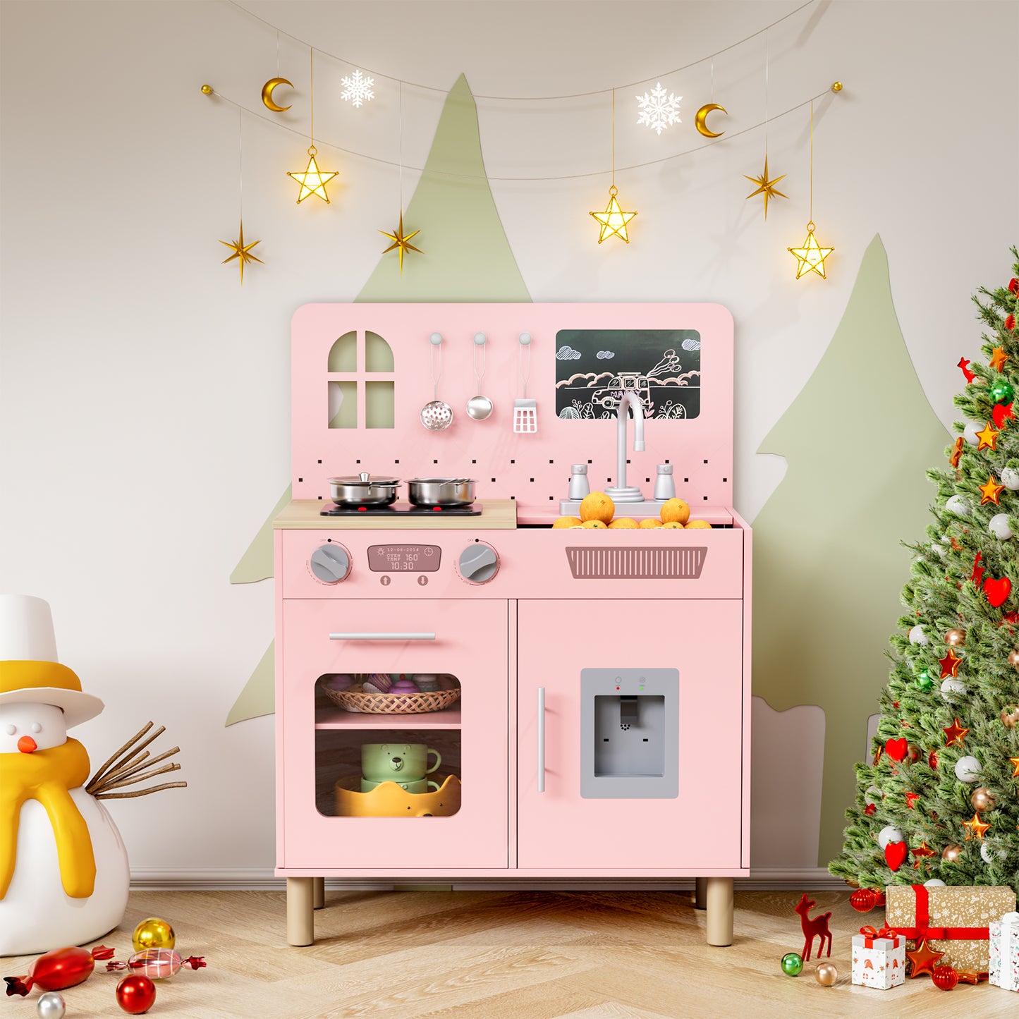 Pirecart Kids Play Kitchen Set, Wooden Kitchen Playset with Real Lights & Sounds, Toddler Pretend Play Kitchen Set with Knob Sounds, Sink, Water Dispenser, 6 Pcs Cookware & Chalkboard Panel