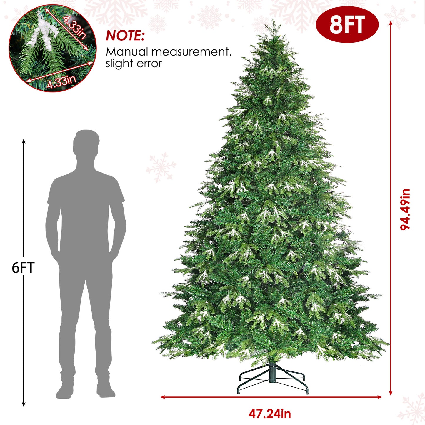 pirecart 6/8/9ft Artificial Holiday Christmas Tree with Ice Crystal Snow Standing Xmas Tree with Warm lights & Metal Stand