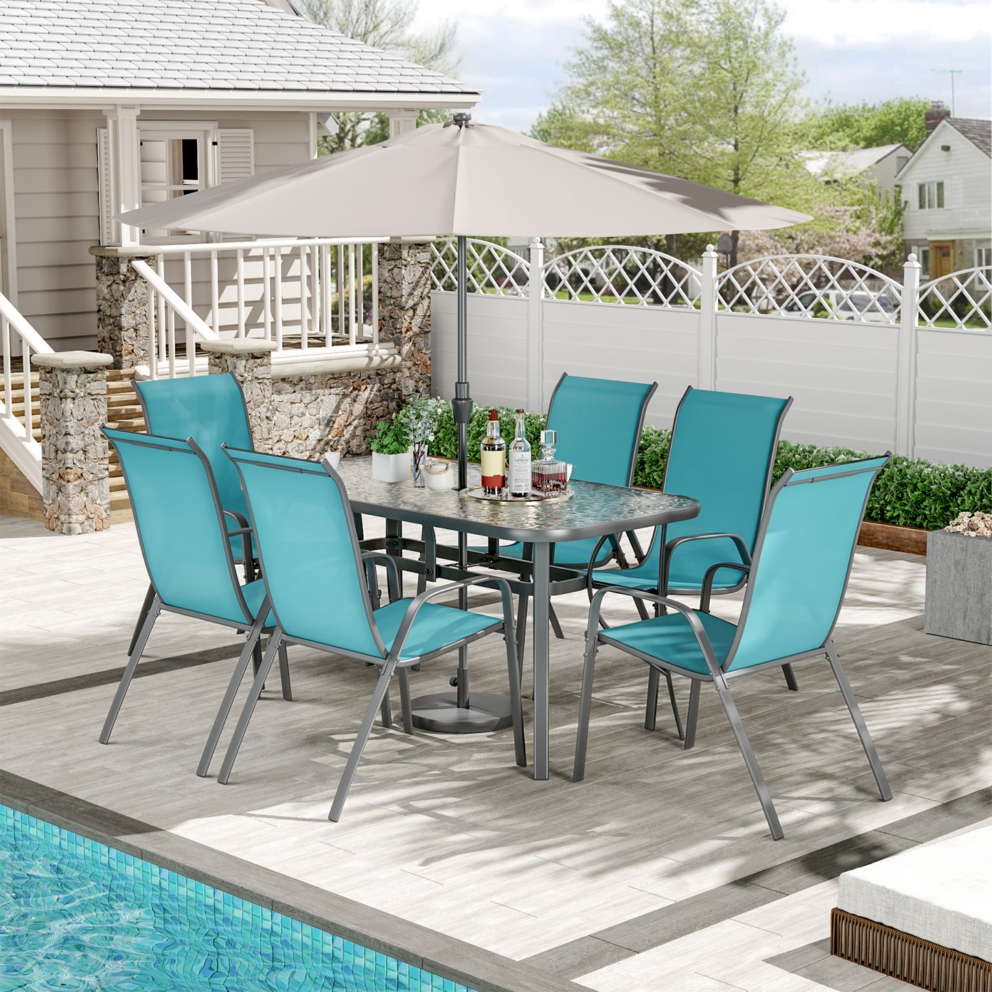 Pirecart Outdoor Table and Chair Set of 7, Textilene Patio Furniture Set Suitable for All Weather with Umbrella Hole, for Backyard Poolside
