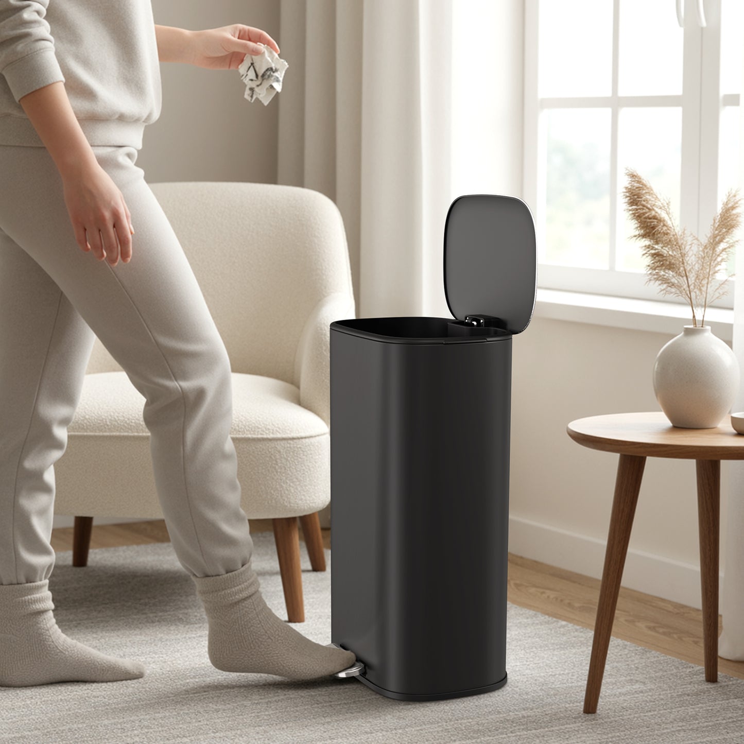 Pirecart Stainless Steel Trash Can, 8 Gal Oval Garbage Can W/ Slow-Closing Lid & Removable Inner Bucket, Foot-operated Soft Lid Trash Can for kitchen, Home, Office