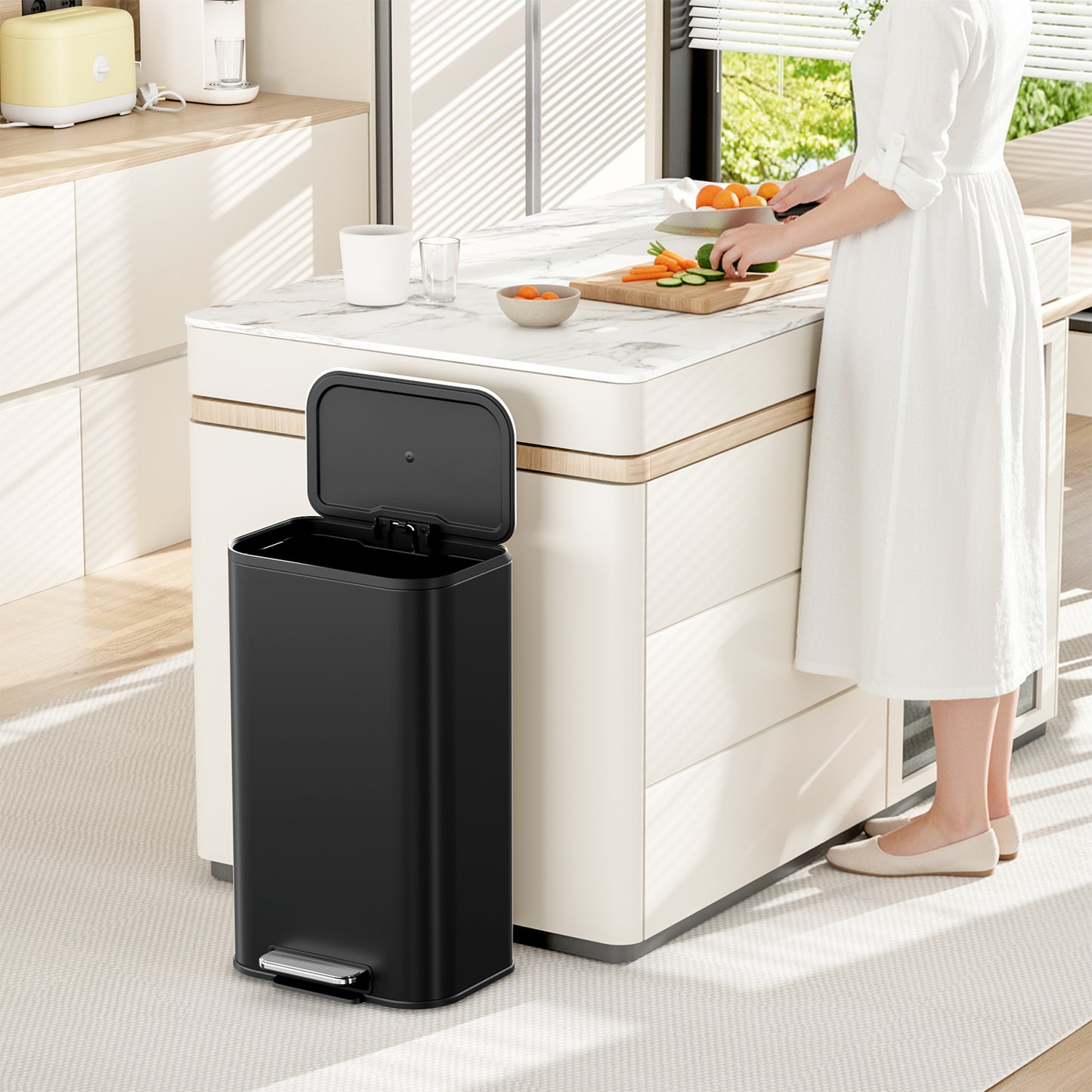 Pirecart 13.2 Gal Trash Can, Stainless Steel Garbage Can with Removable Inner Bucket & Handle, Square Garbage Bin with Soft Lid for Kitchen, Living Room