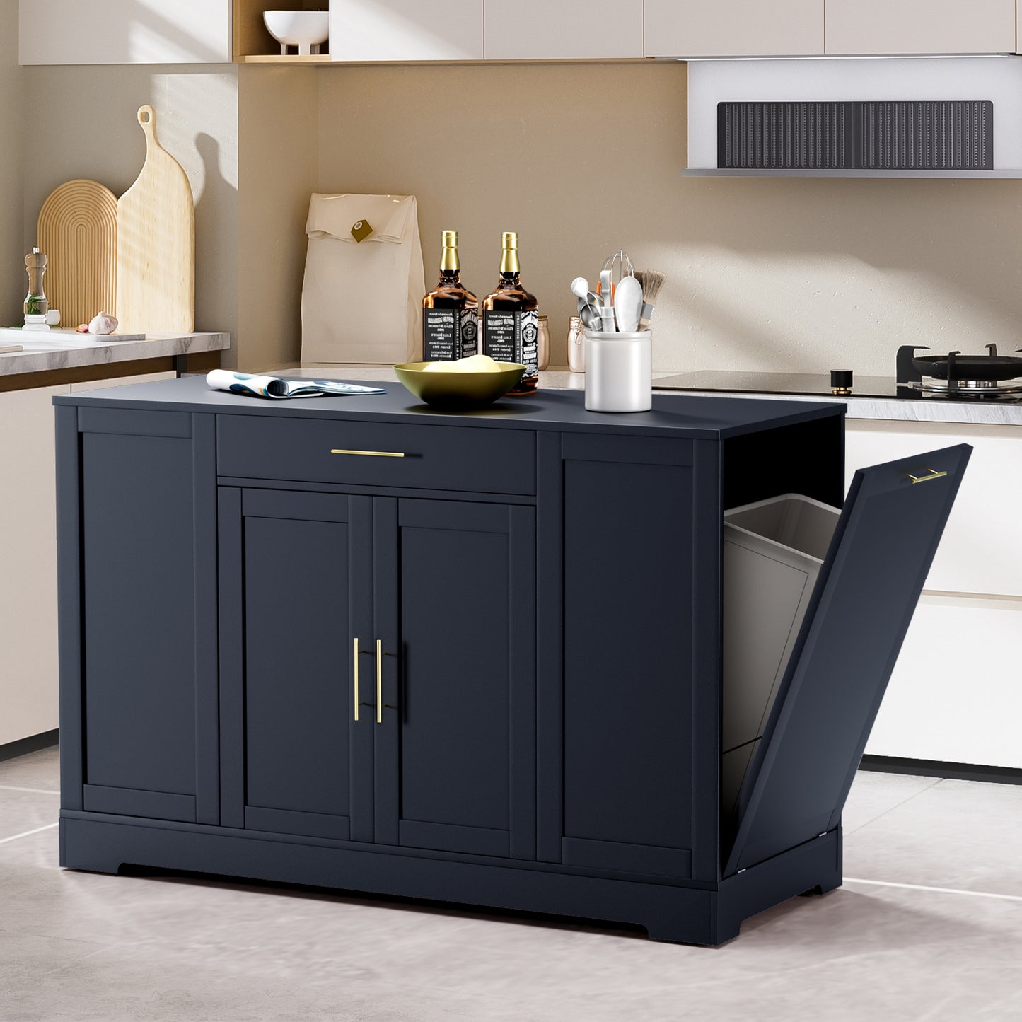 Pirecart 53" Kitchen Island with Trash Can Storage, Kitchen Island Storage with Drawer, Open Shelves