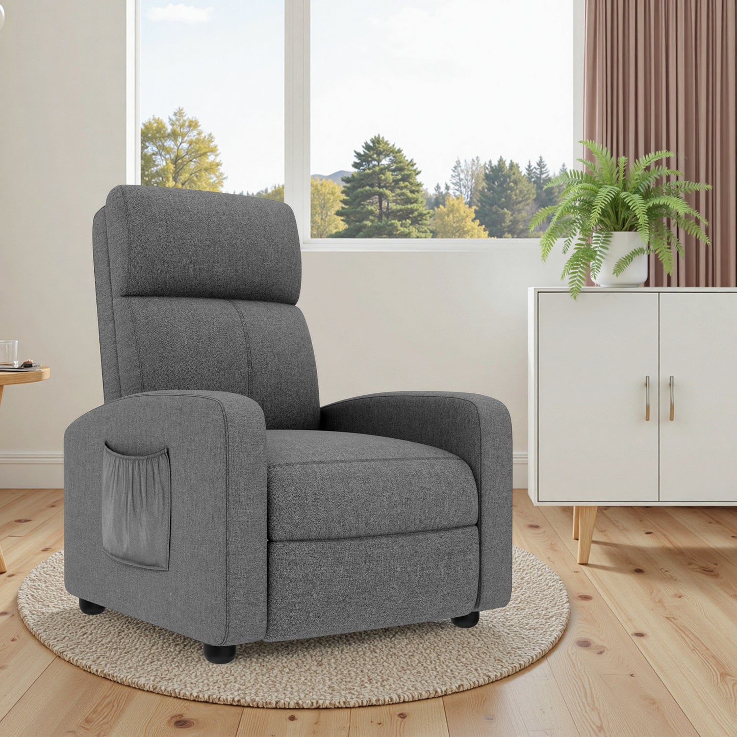 Pirecart Fabric Reclining Chair, Single Sofa Chair with Thicker Seat Cushion and a Side Pocket, Home Theater Seating with Adjustable Backrest and Footrest