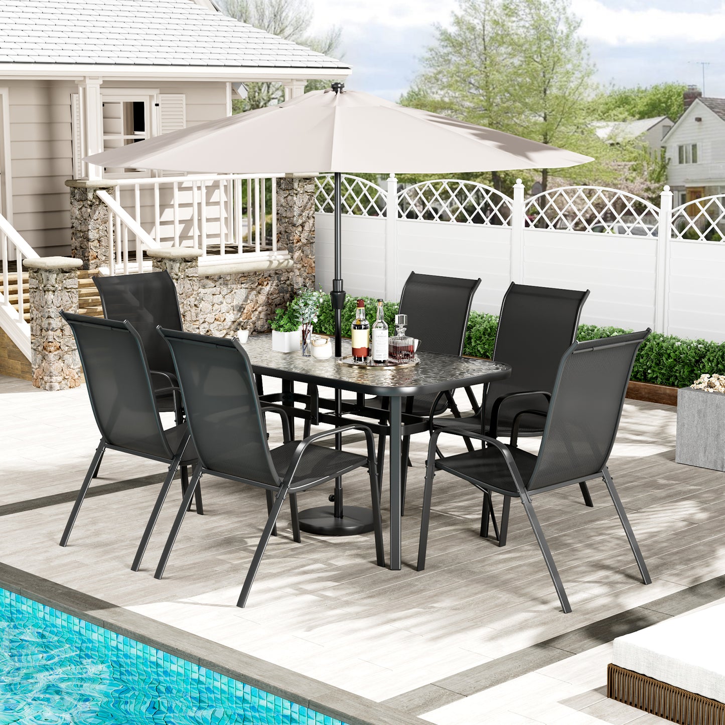 Pirecart Outdoor Table and Chair Set of 7, Textilene Patio Furniture Set Suitable for All Weather with Umbrella Hole, for Backyard Poolside