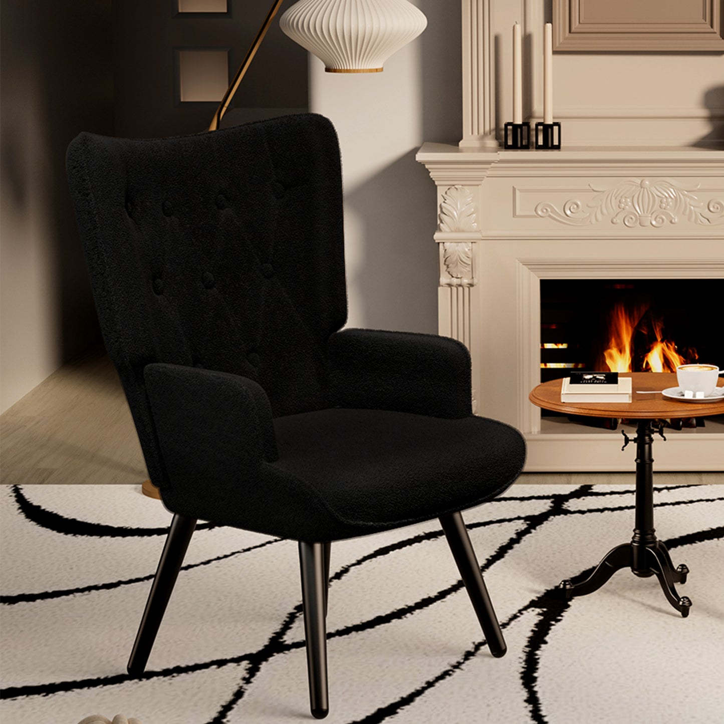 Pirecart Teddy Fabric Accent Chair, Comfy Upholstered Armchair Mid Century Modern, Wingback Chair with Metal Legs, High Backrest Living Room Chair for Vanity, Bedroom, Black