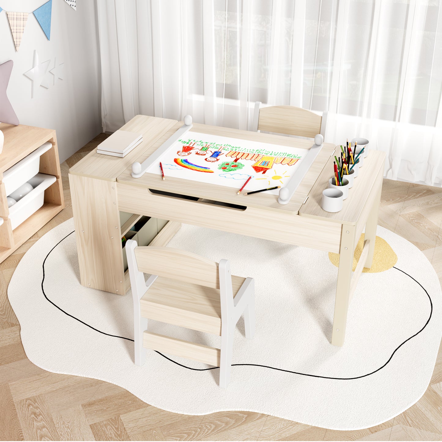 Pirecart 3 in 1 Kids Art Table and Chair Set, Chilldren Art Easel and Wooden Activity Table with 2 Chairs, Storage Bins, Paper Roll, Paint Cups for Draw, Play, Crafts, Read