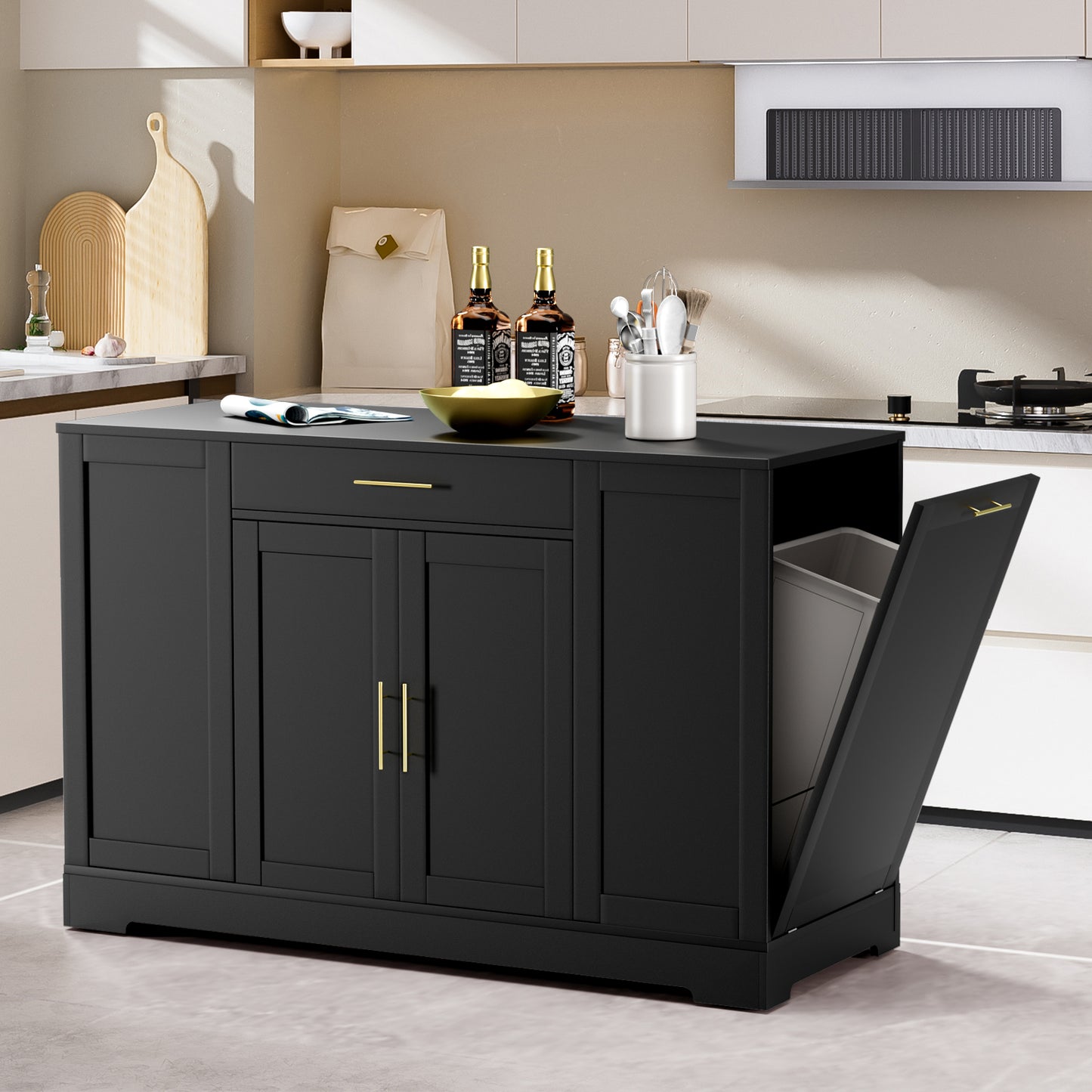 Pirecart 53" Kitchen Island with Trash Can Storage, Kitchen Island Storage with Drawer, Open Shelves